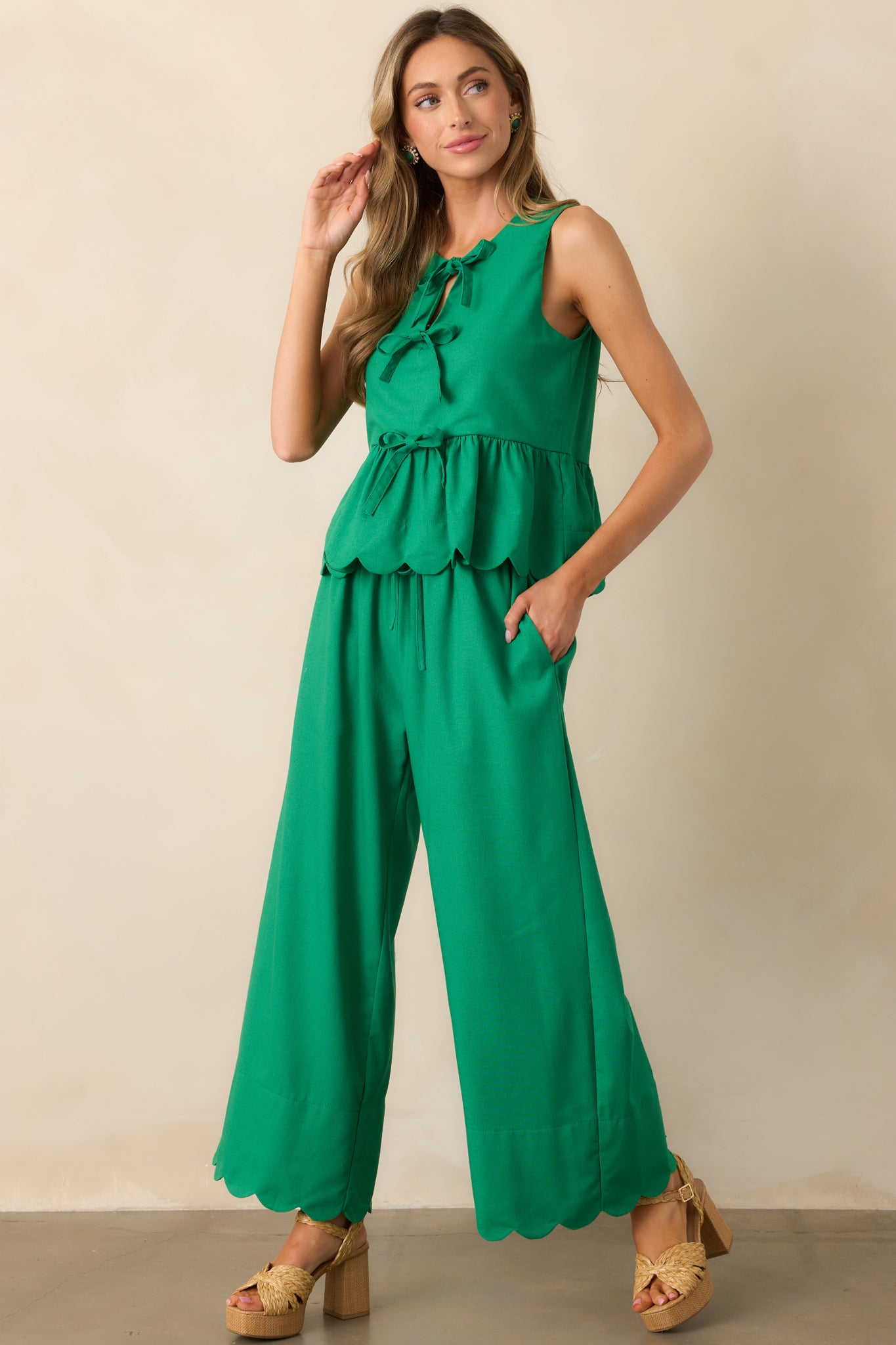 Countryside Inn Green Bow Front Peplum Top