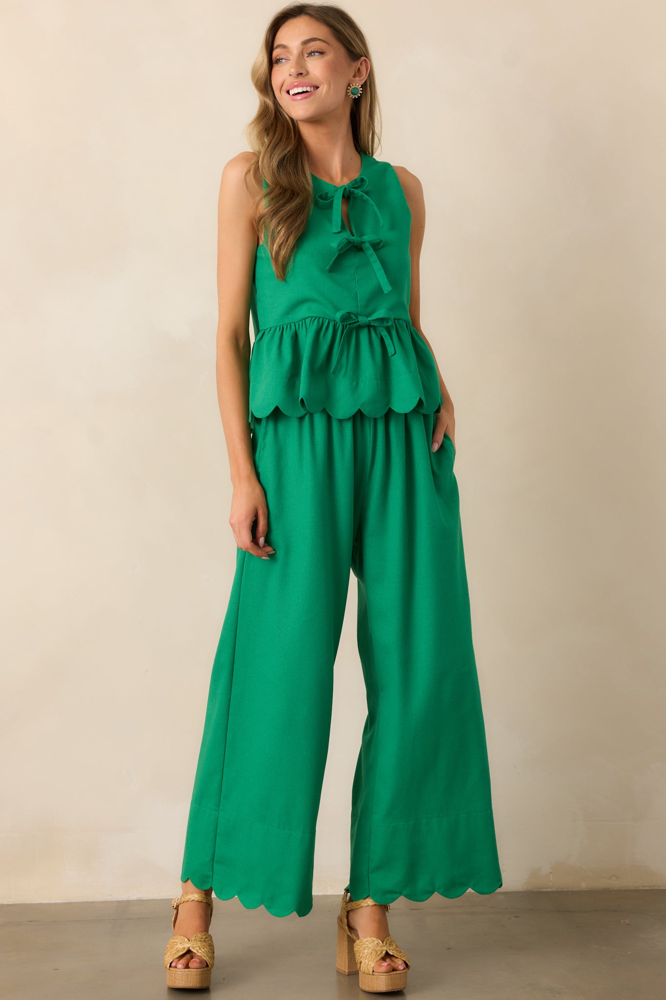 Weekend Getaway Green Scalloped Hem Pants