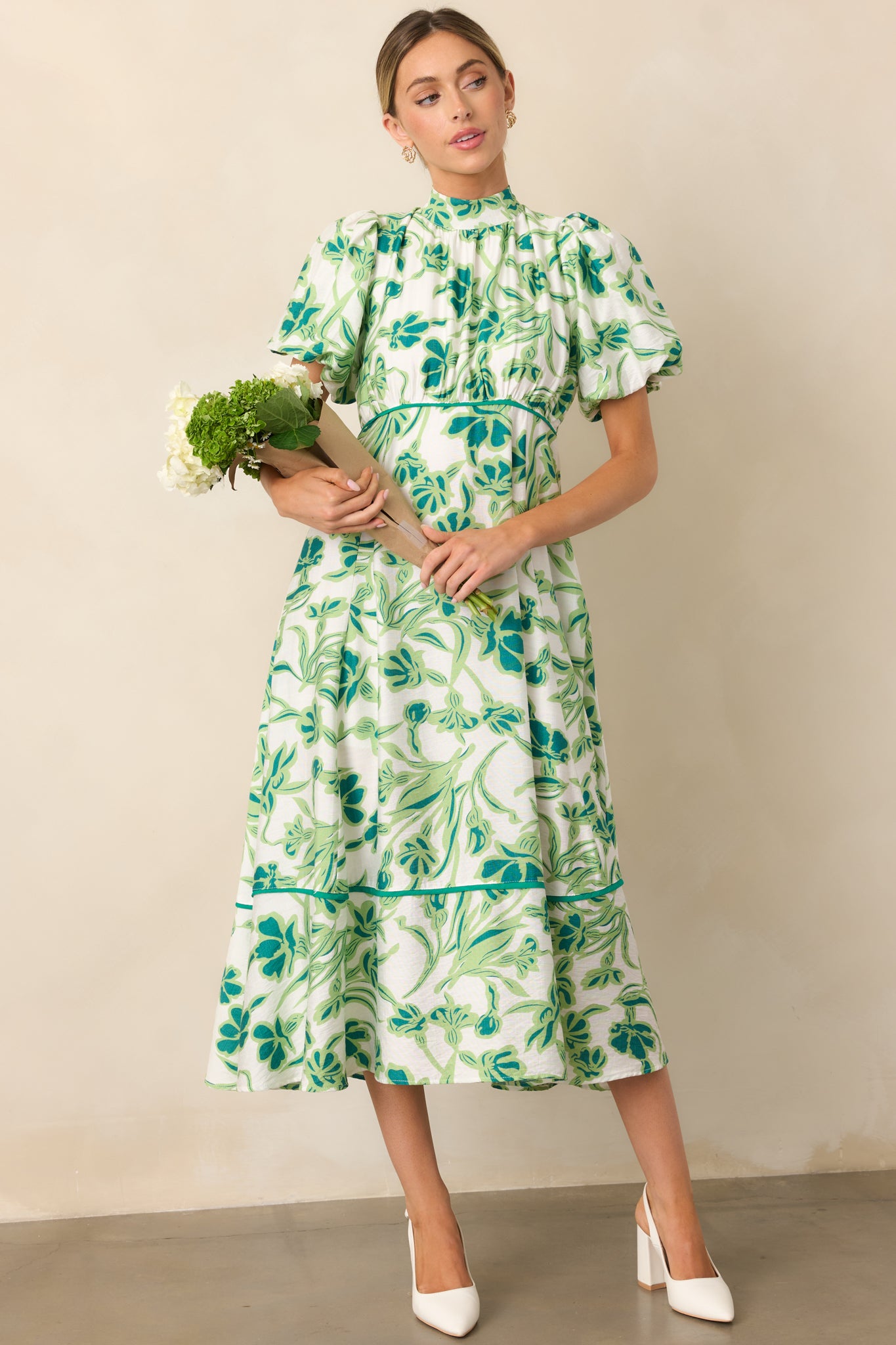 Blooming Season Green Floral Puff Sleeve Midi Dress