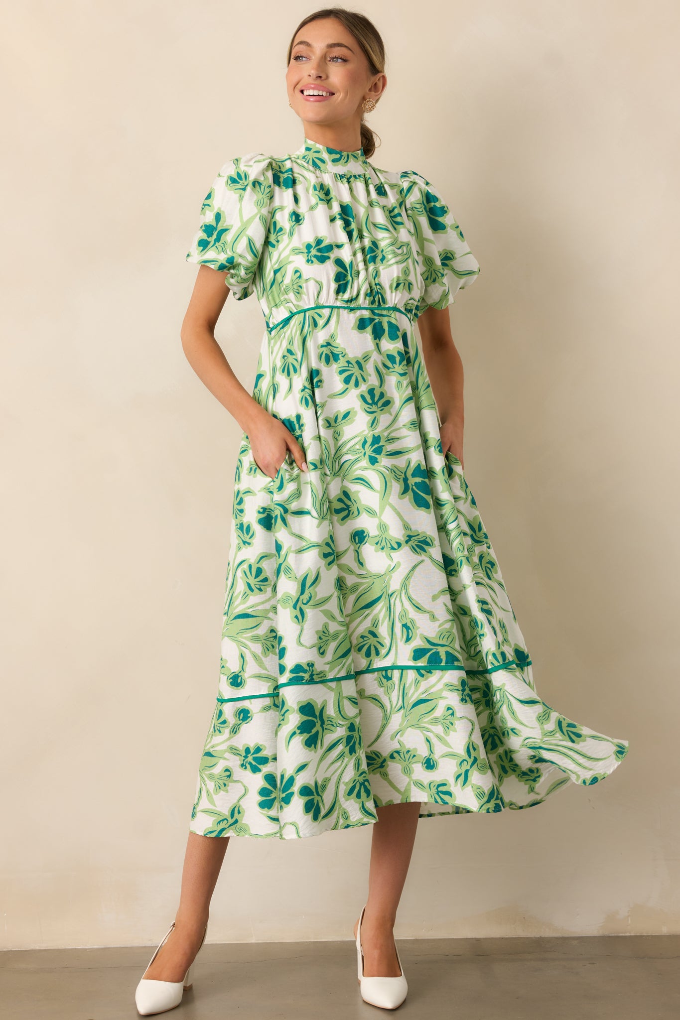 Blooming Season Green Floral Puff Sleeve Midi Dress