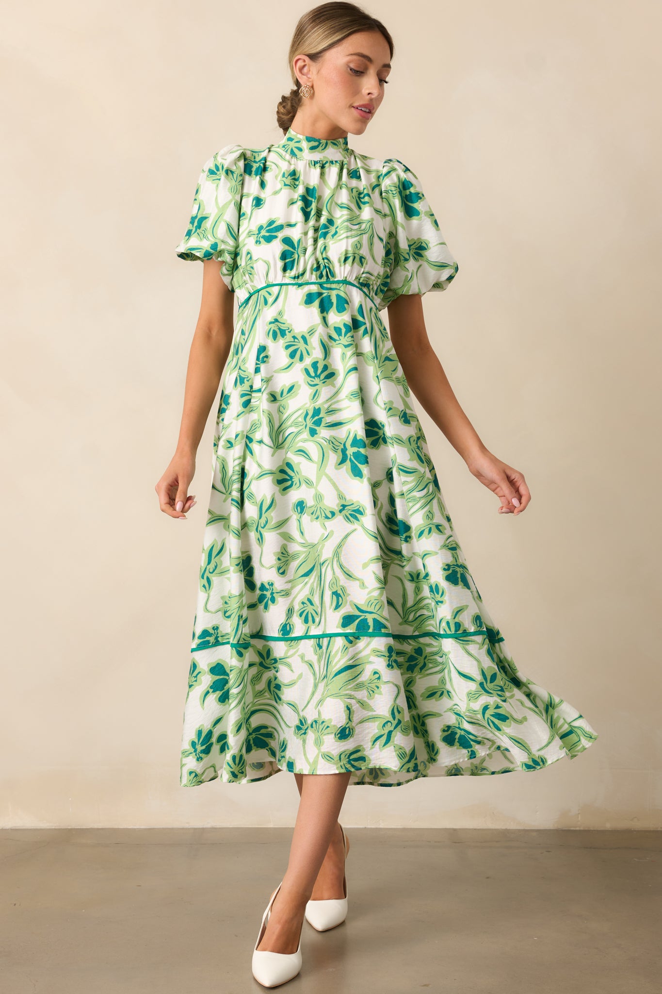 Blooming Season Green Floral Puff Sleeve Midi Dress