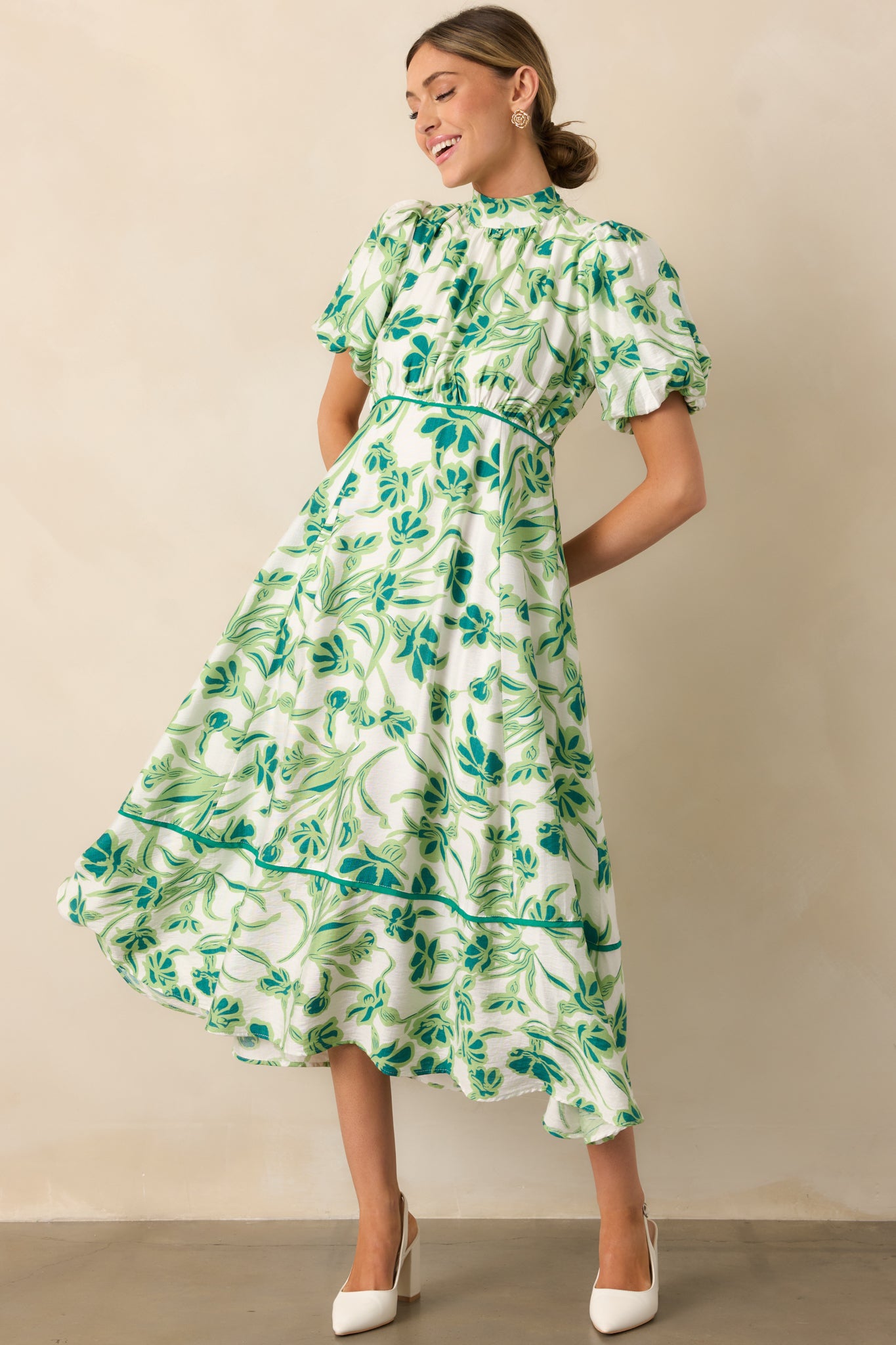 Blooming Season Green Floral Puff Sleeve Midi Dress