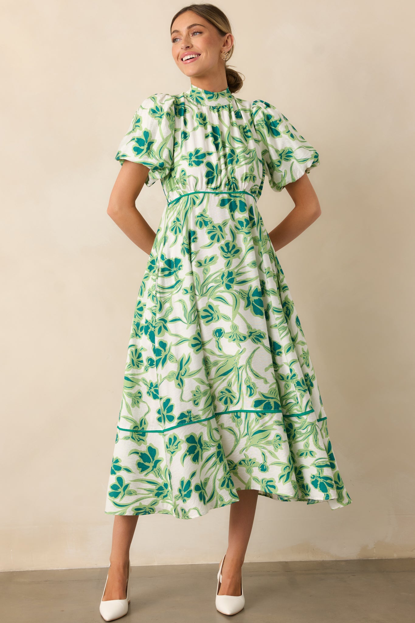 Blooming Season Green Floral Puff Sleeve Midi Dress