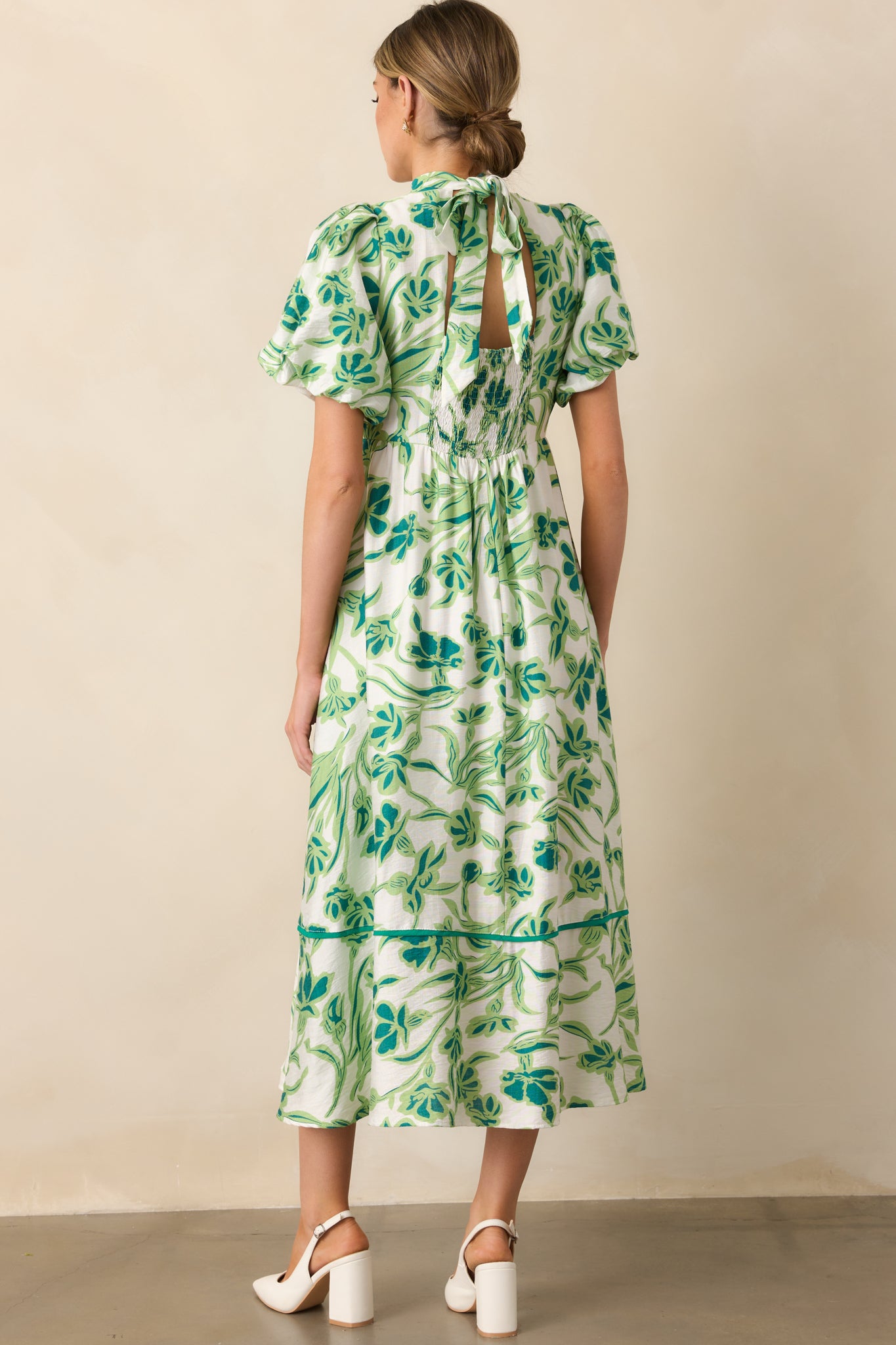 Blooming Season Green Floral Puff Sleeve Midi Dress