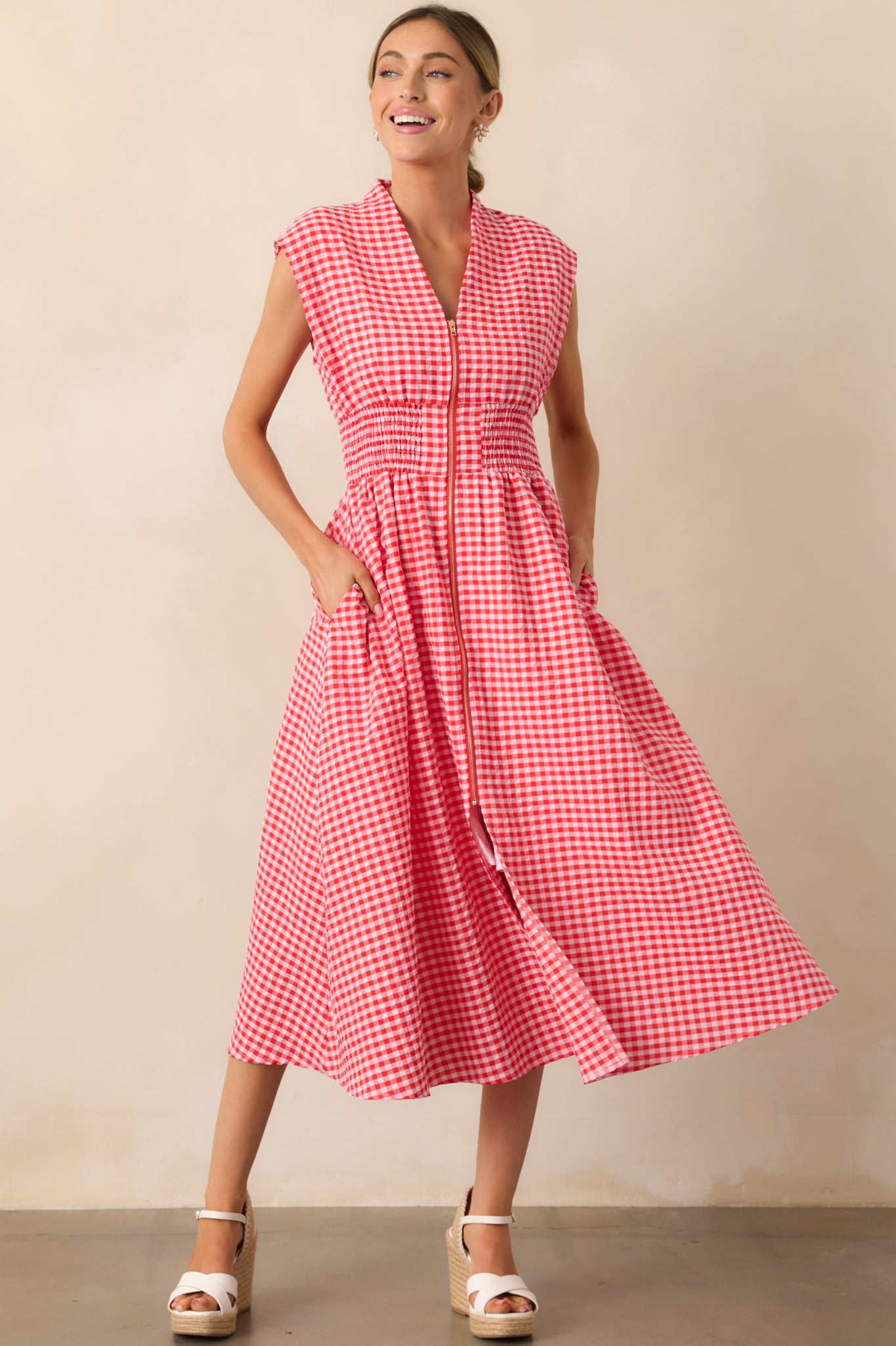 The Evette Red Gingham Zip Front Midi Dress