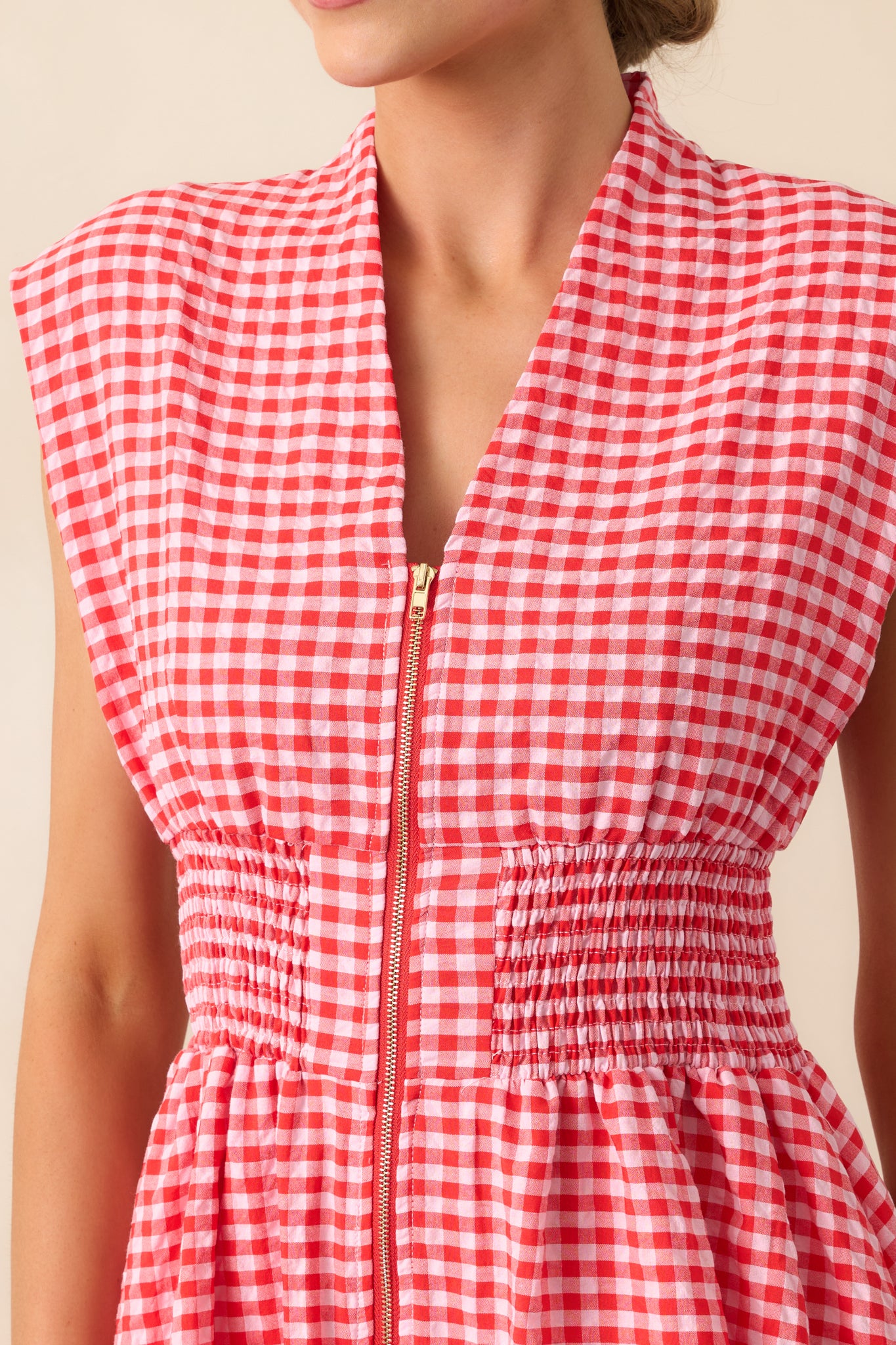 The Evette Red Gingham Zip Front Midi Dress