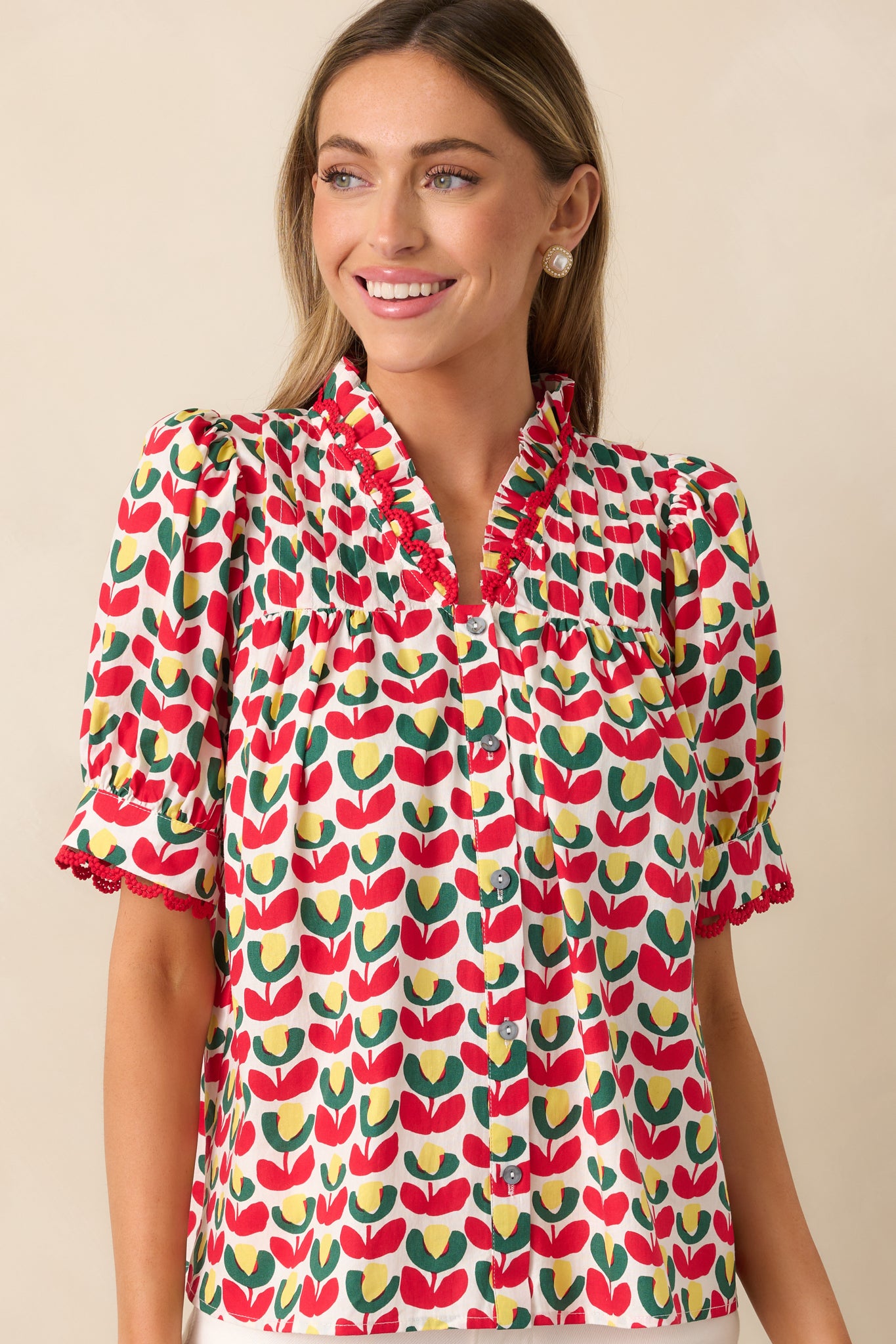 Lemonade Stand Cotton Red Floral Button Front Blouse