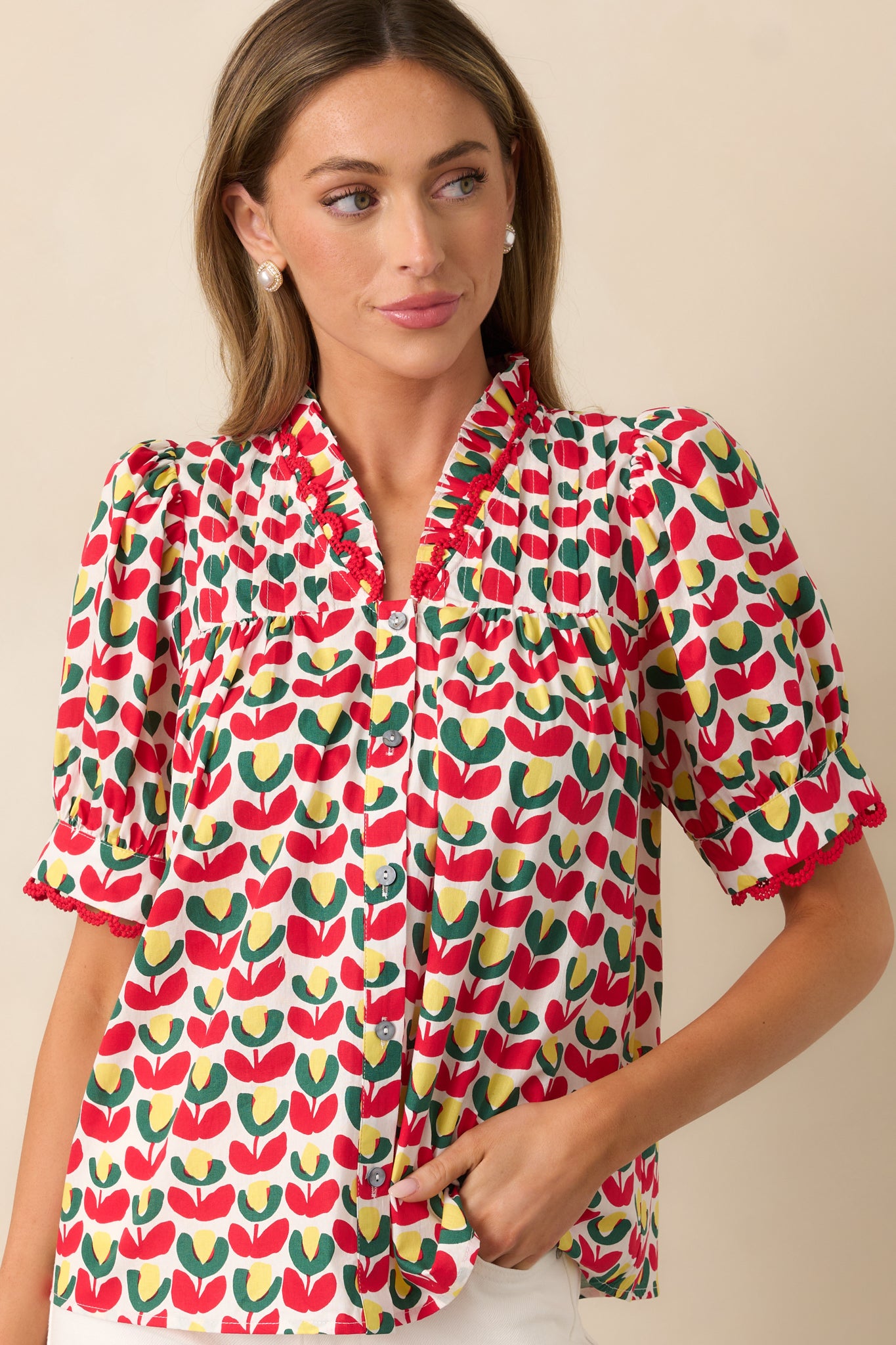 Lemonade Stand Cotton Red Floral Button Front Blouse