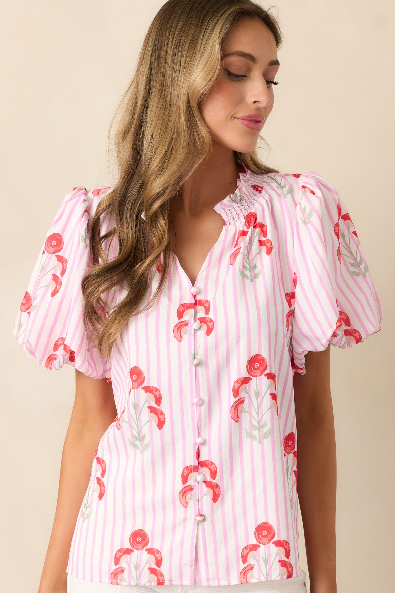 Poppy Fields Pink Button Front Puff Sleeve Top