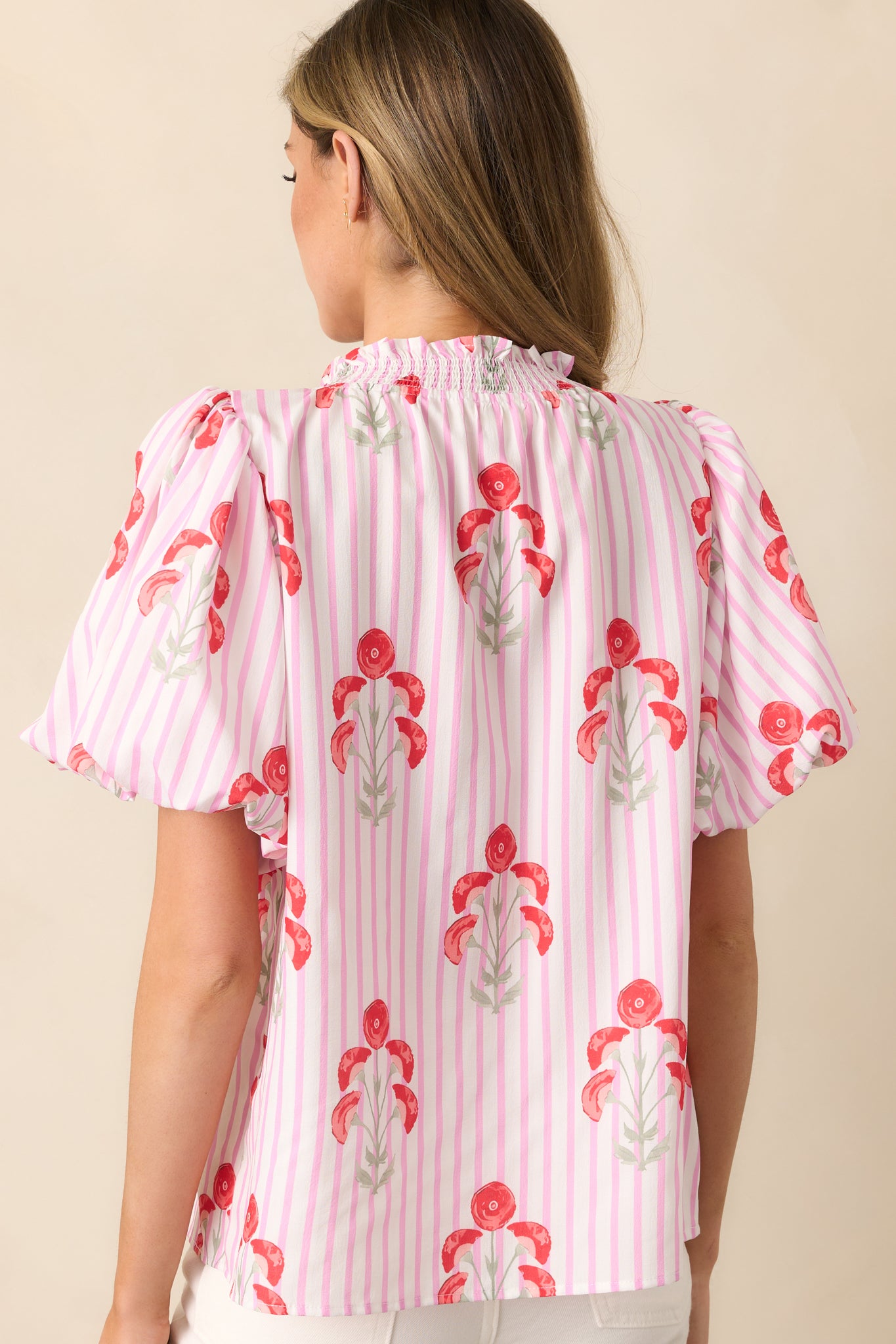 Poppy Fields Pink Button Front Puff Sleeve Top