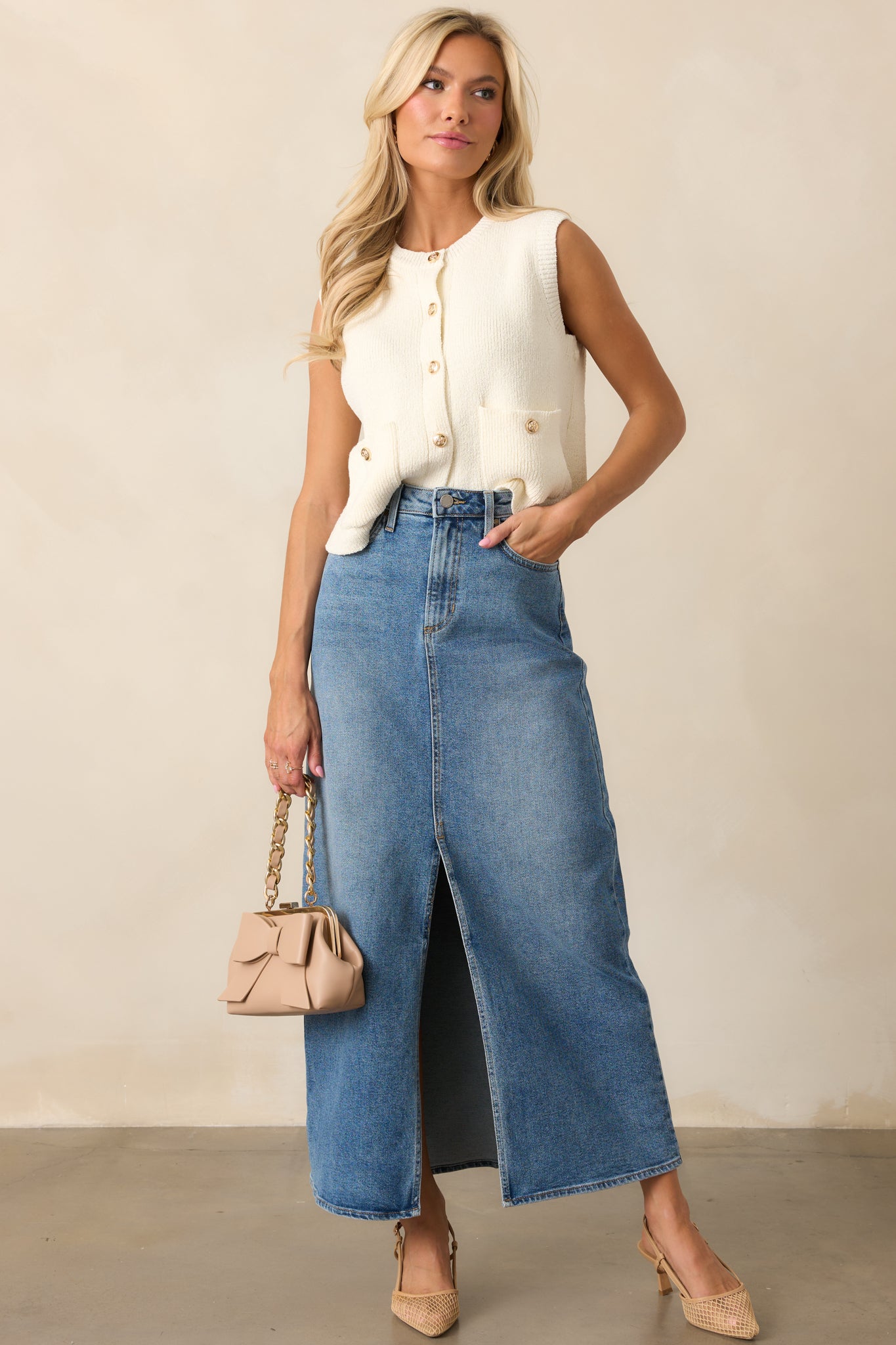 Days Of Dreaming Medium Wash Denim Midi Skirt