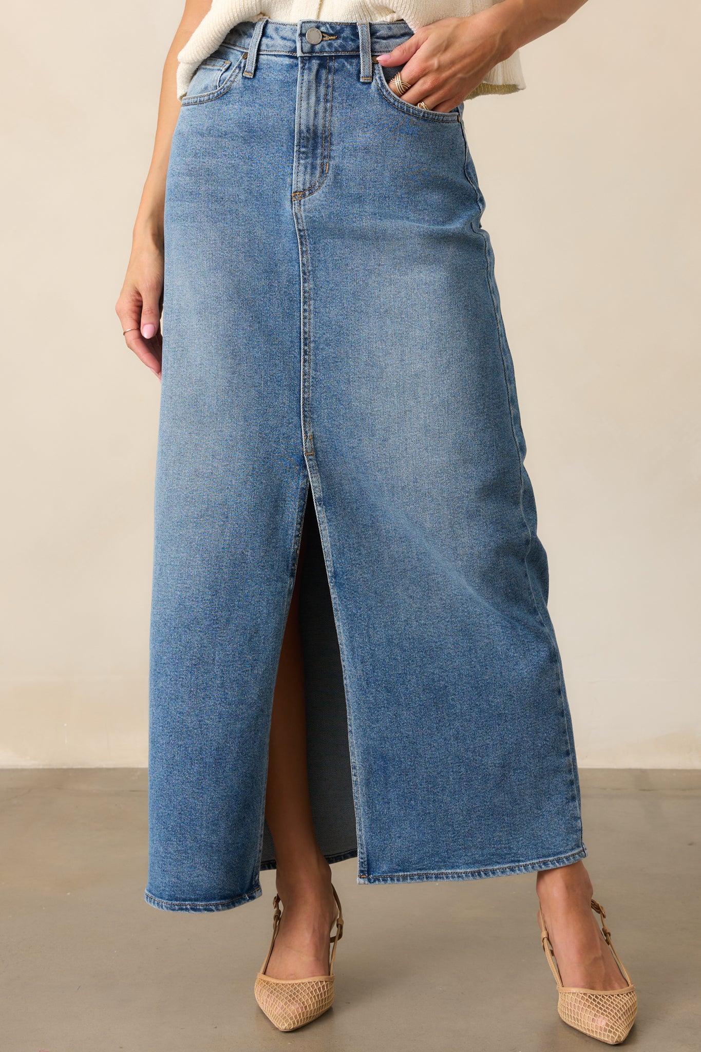 Days Of Dreaming Medium Wash Denim Midi Skirt