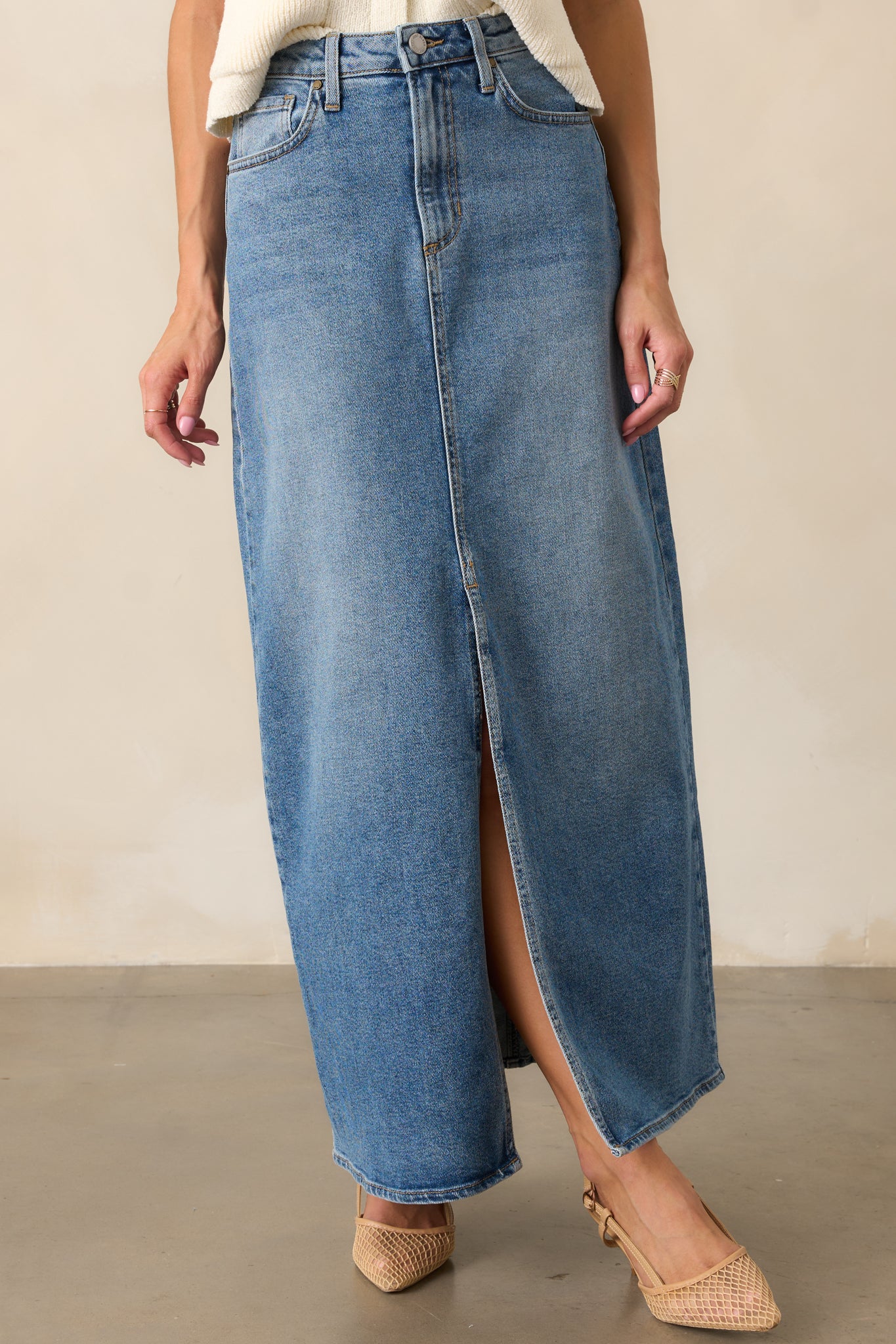 Days Of Dreaming Medium Wash Denim Midi Skirt