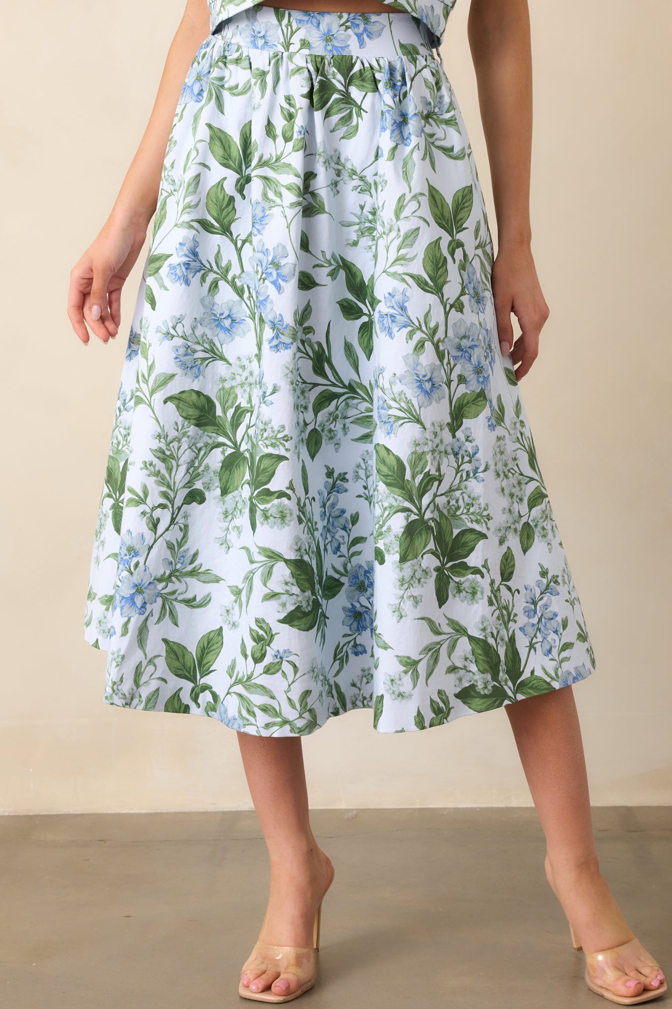 Thena Blue Lilacs Botanical Belted Midi Skirt