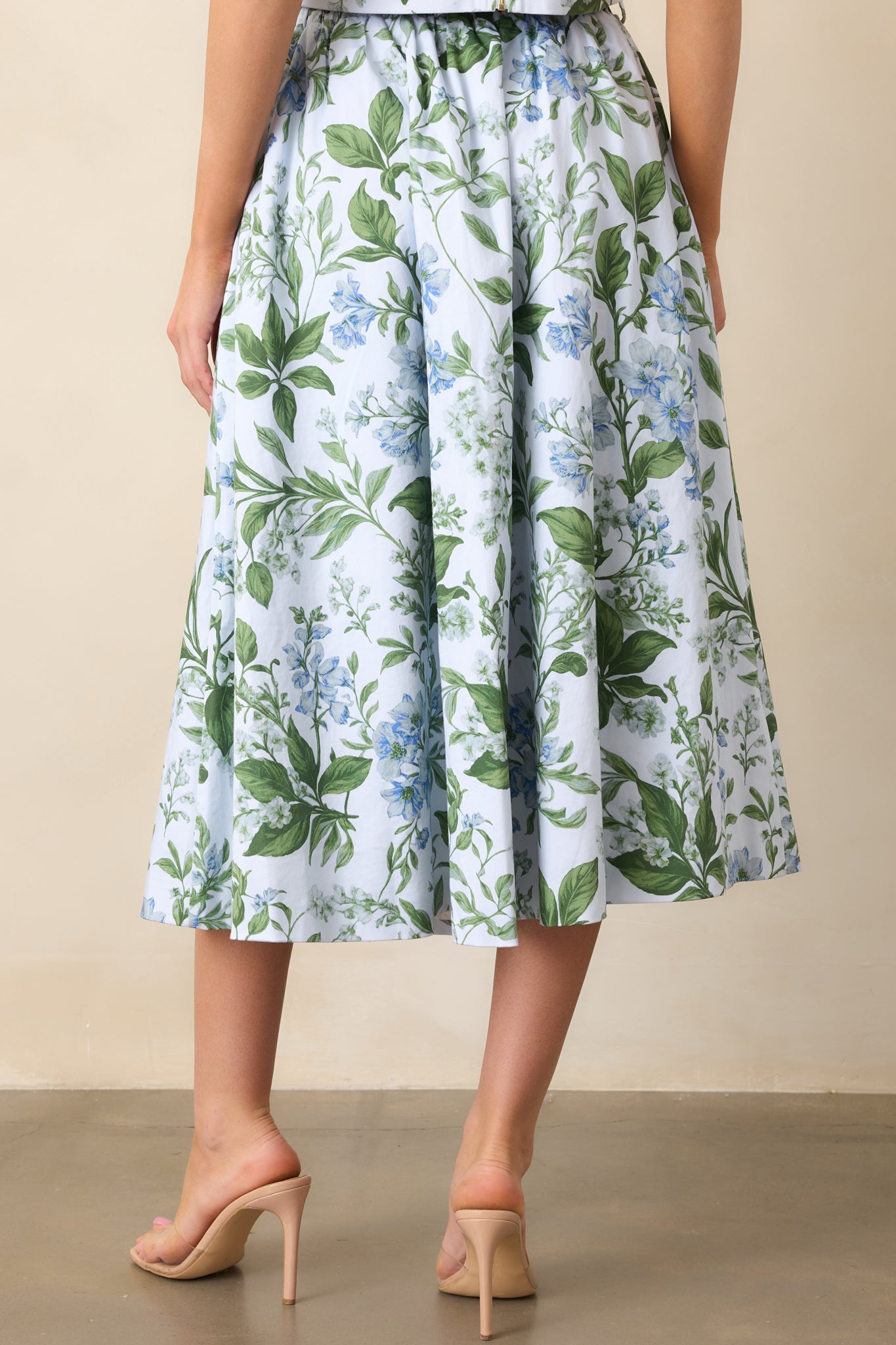 Thena Blue Lilacs Botanical Belted Midi Skirt