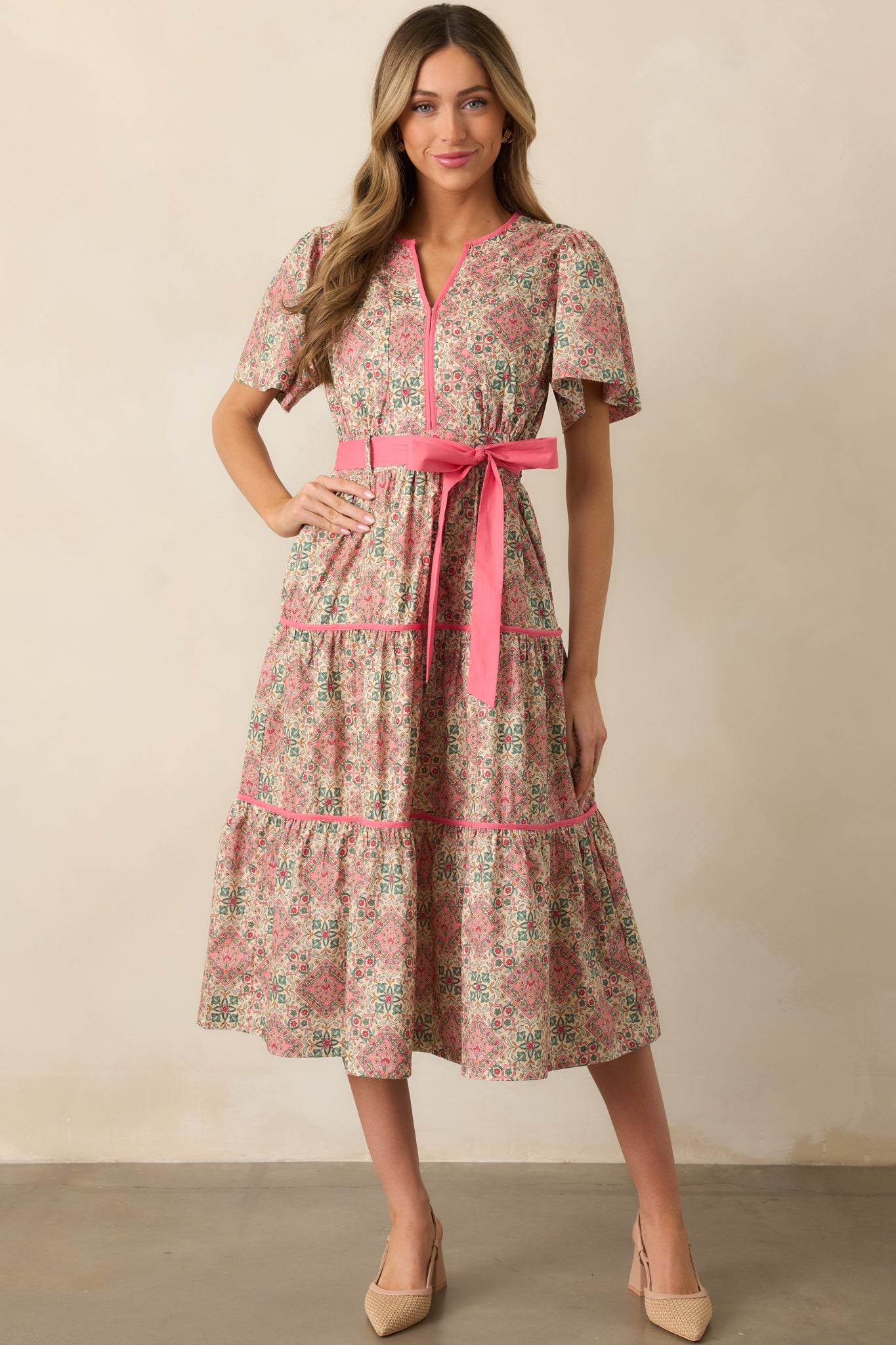 Sunday Best Pink Geometric Floral Cotton Midi Dress