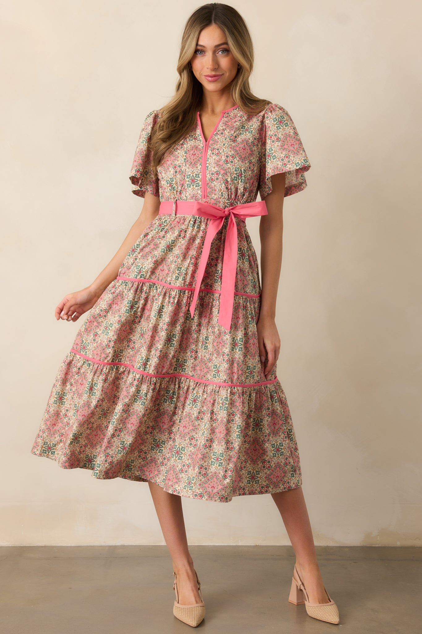 Sunday Best Pink Geometric Floral Cotton Midi Dress