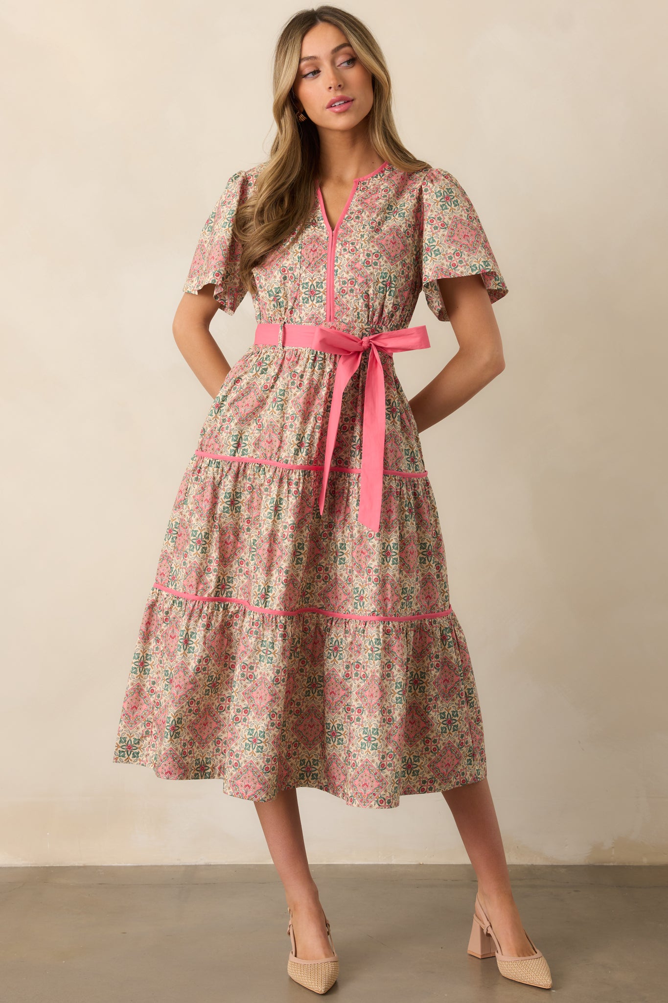 Sunday Best Pink Geometric Floral Cotton Midi Dress