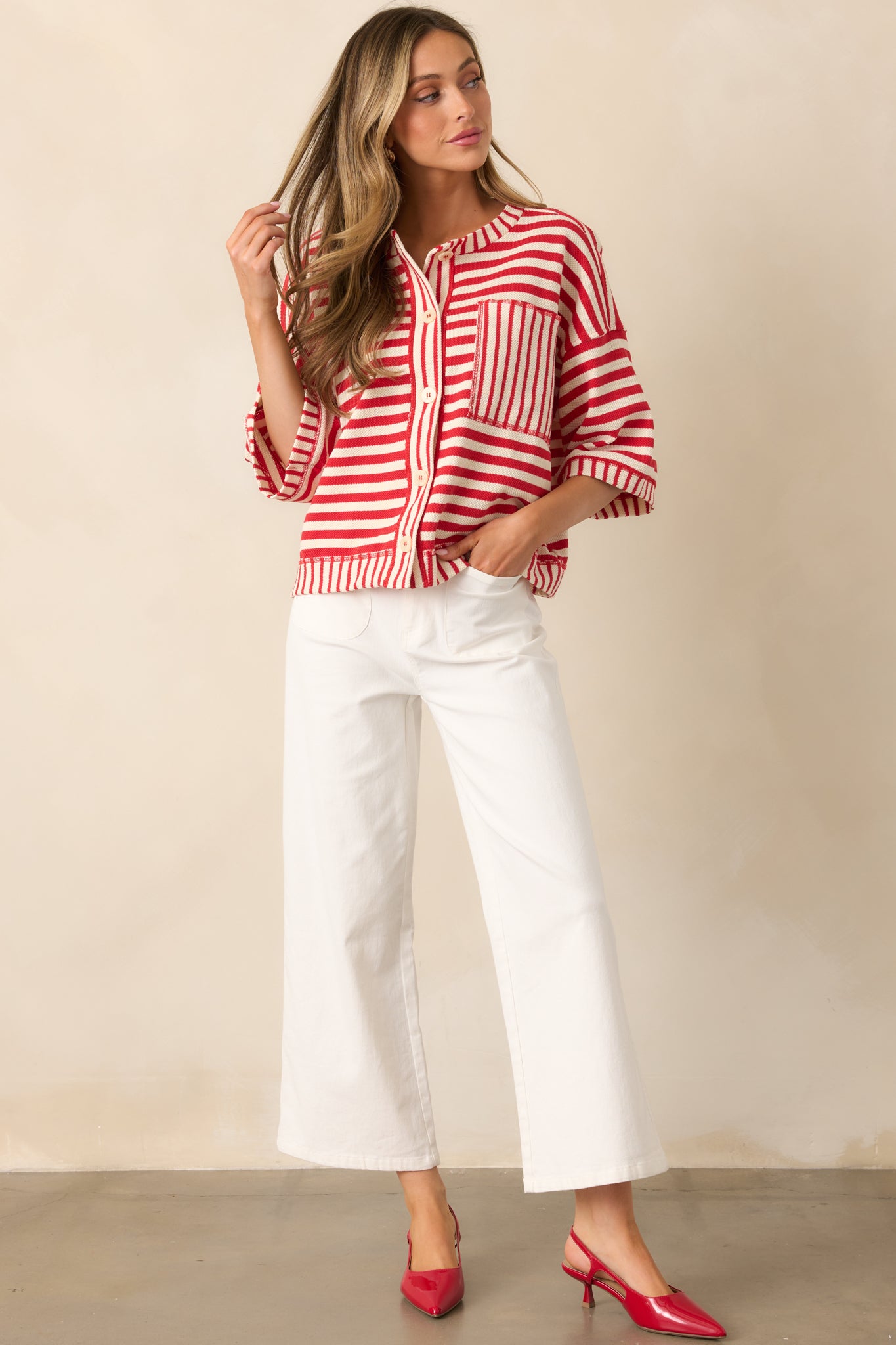 Let's Sail Away Cotton Red Stripe Canvas Button Front Top