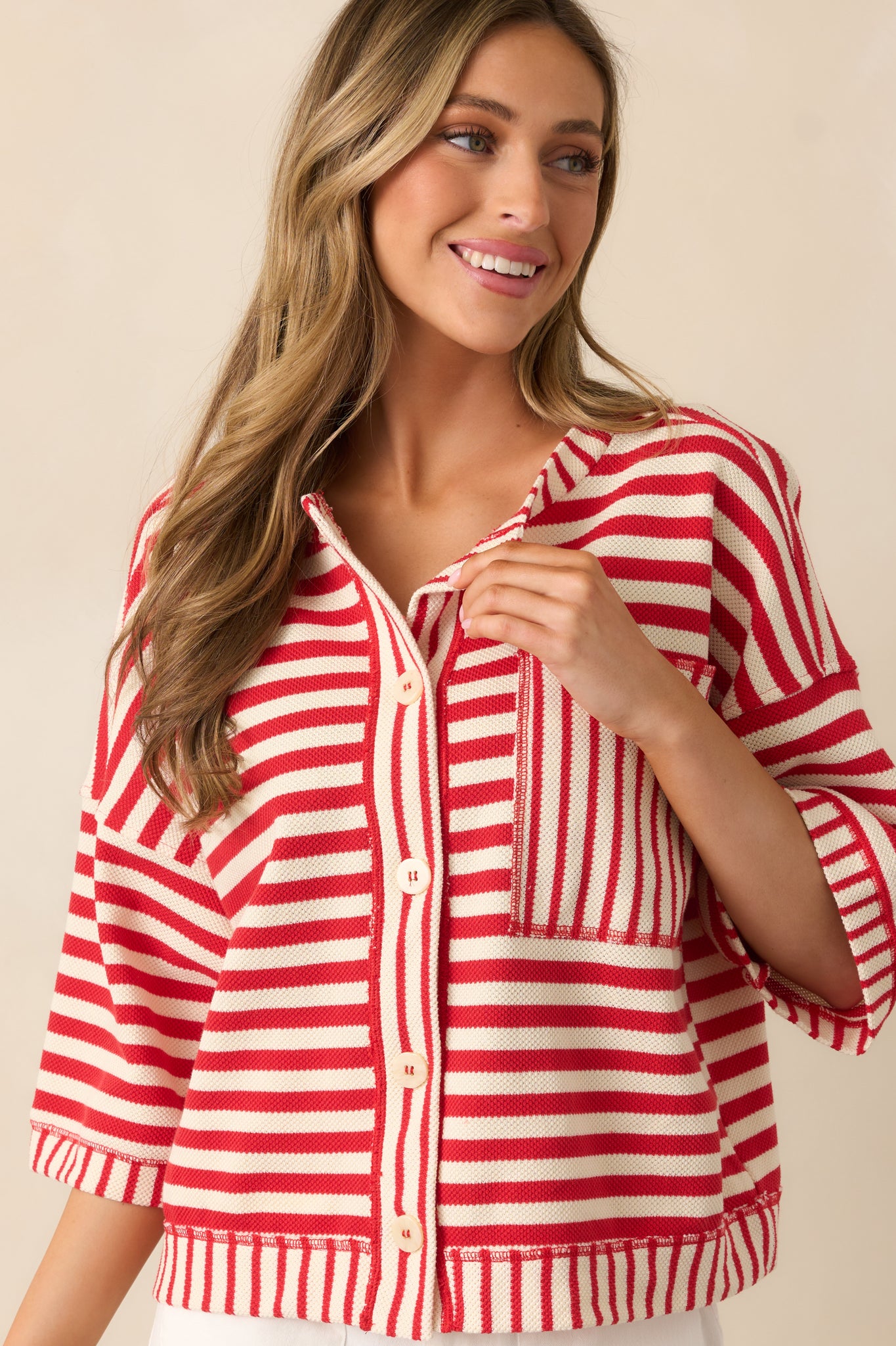 Let's Sail Away Cotton Red Stripe Canvas Button Front Top