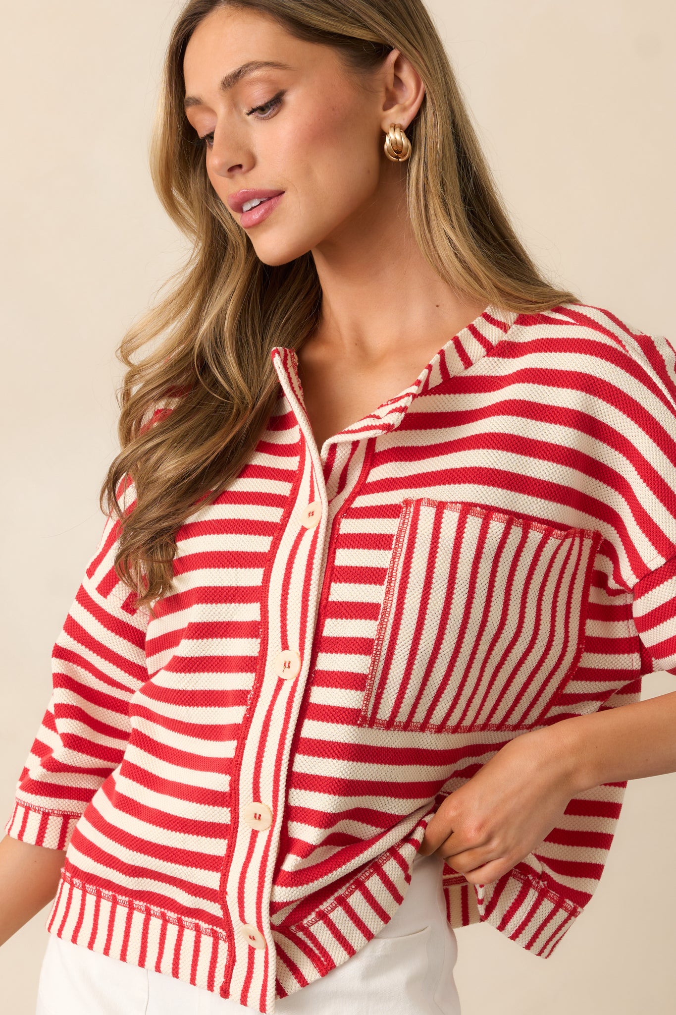 Let's Sail Away Cotton Red Stripe Canvas Button Front Top