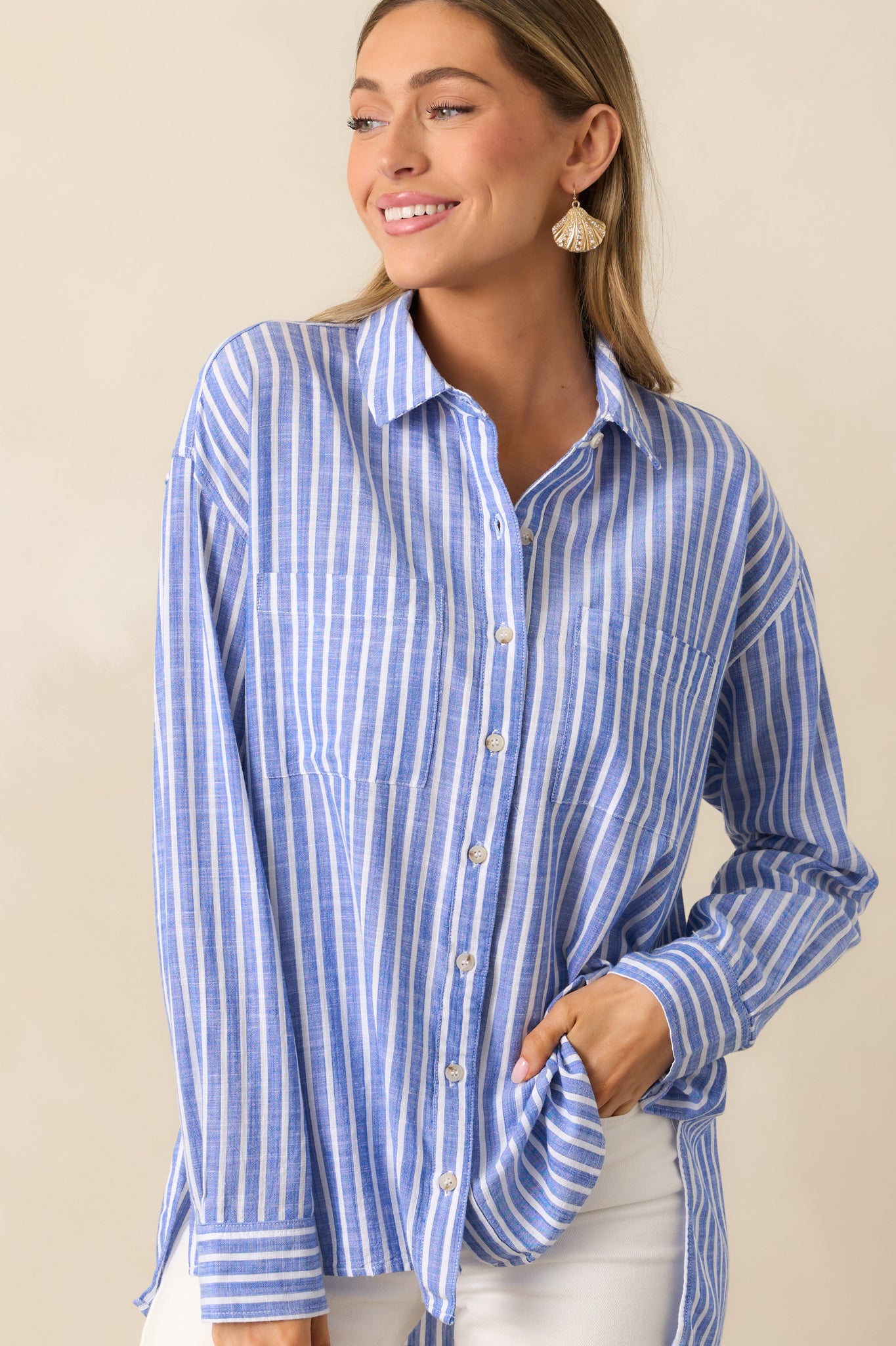 Coastline Cruise Blue Stripe Chambray Button Front Top