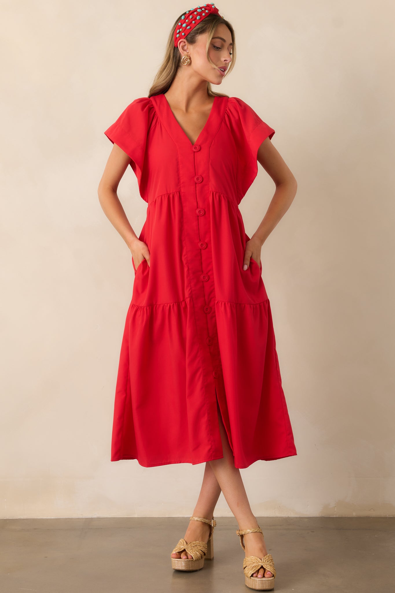 Living In A Small Town Red Button Front Midi Dress