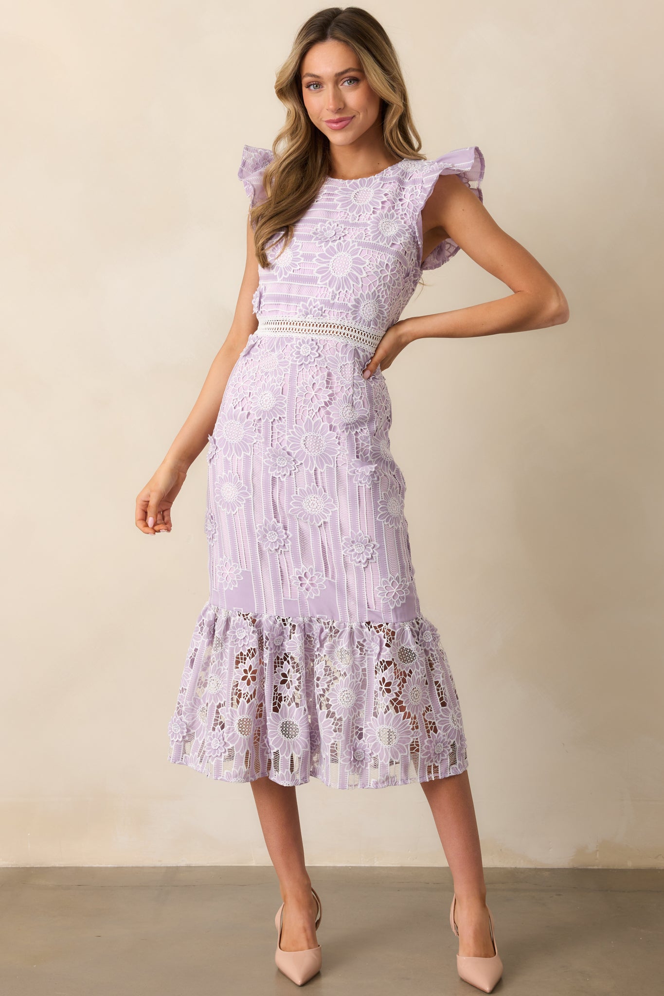 Dance The Night Away Lavender Floral Embroidered Midi Dress