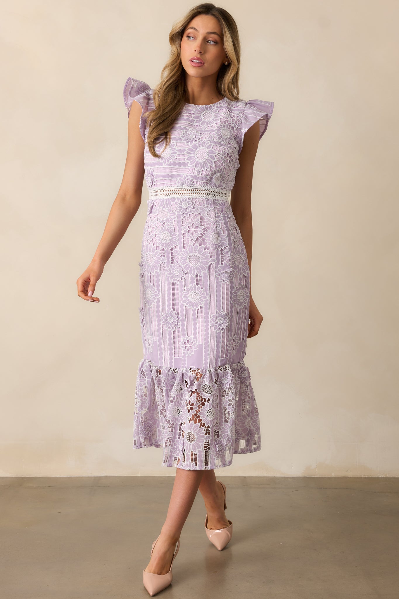 Dance The Night Away Lavender Floral Embroidered Midi Dress