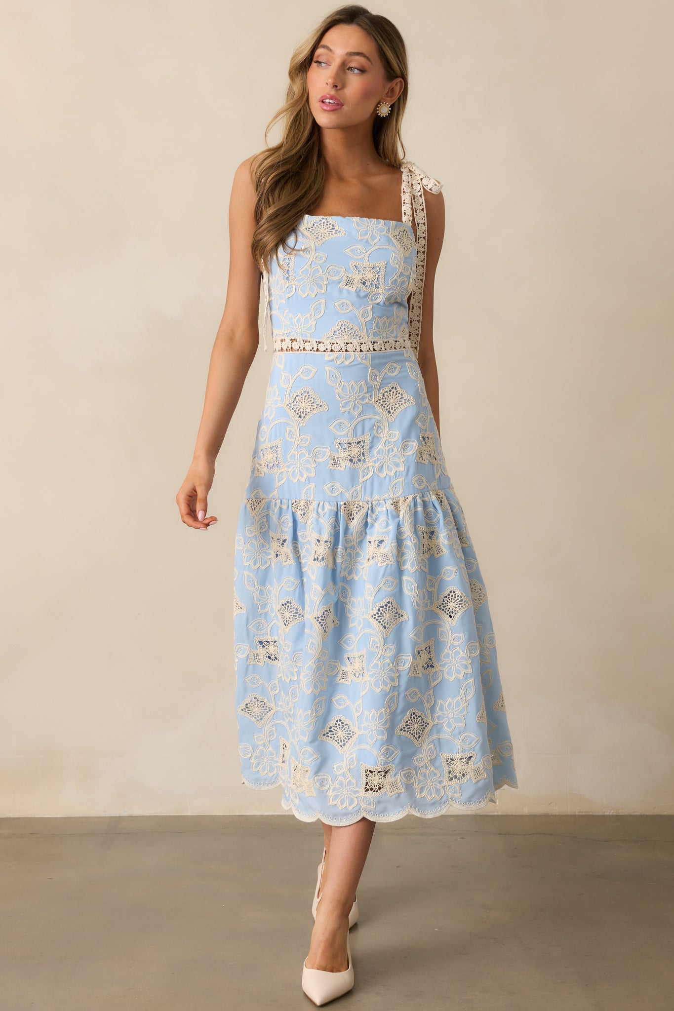 Rooftop Romance Sky Blue Floral Embroidered Midi Dress