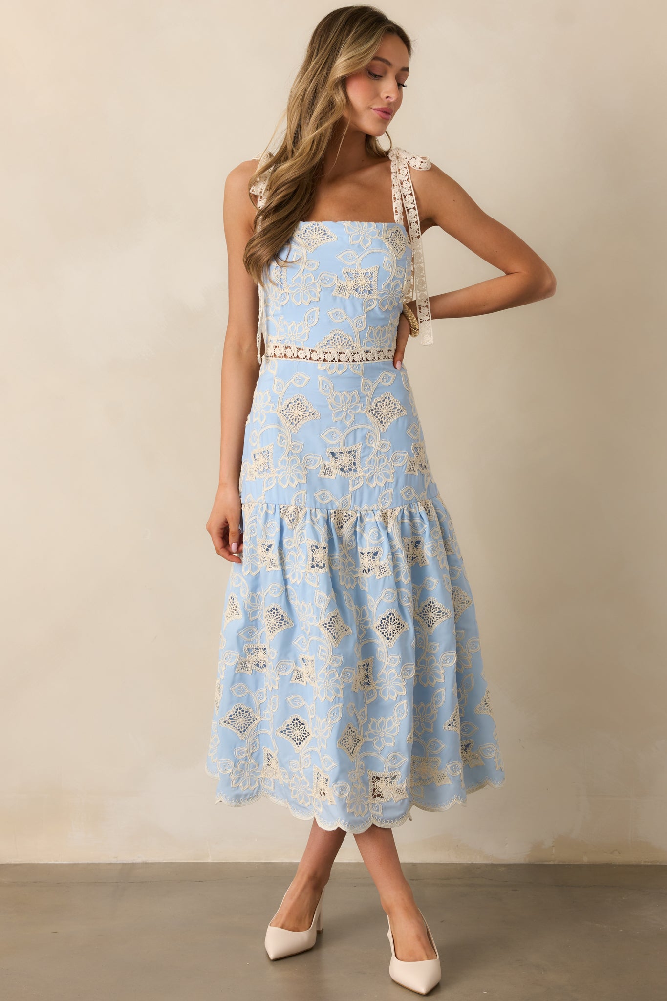 Rooftop Romance Sky Blue Floral Embroidered Midi Dress