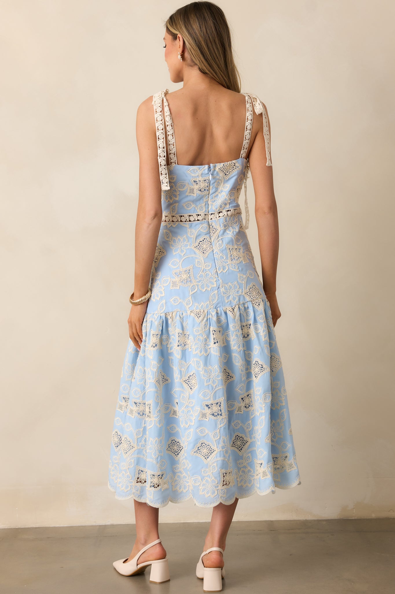 Rooftop Romance Sky Blue Floral Embroidered Midi Dress