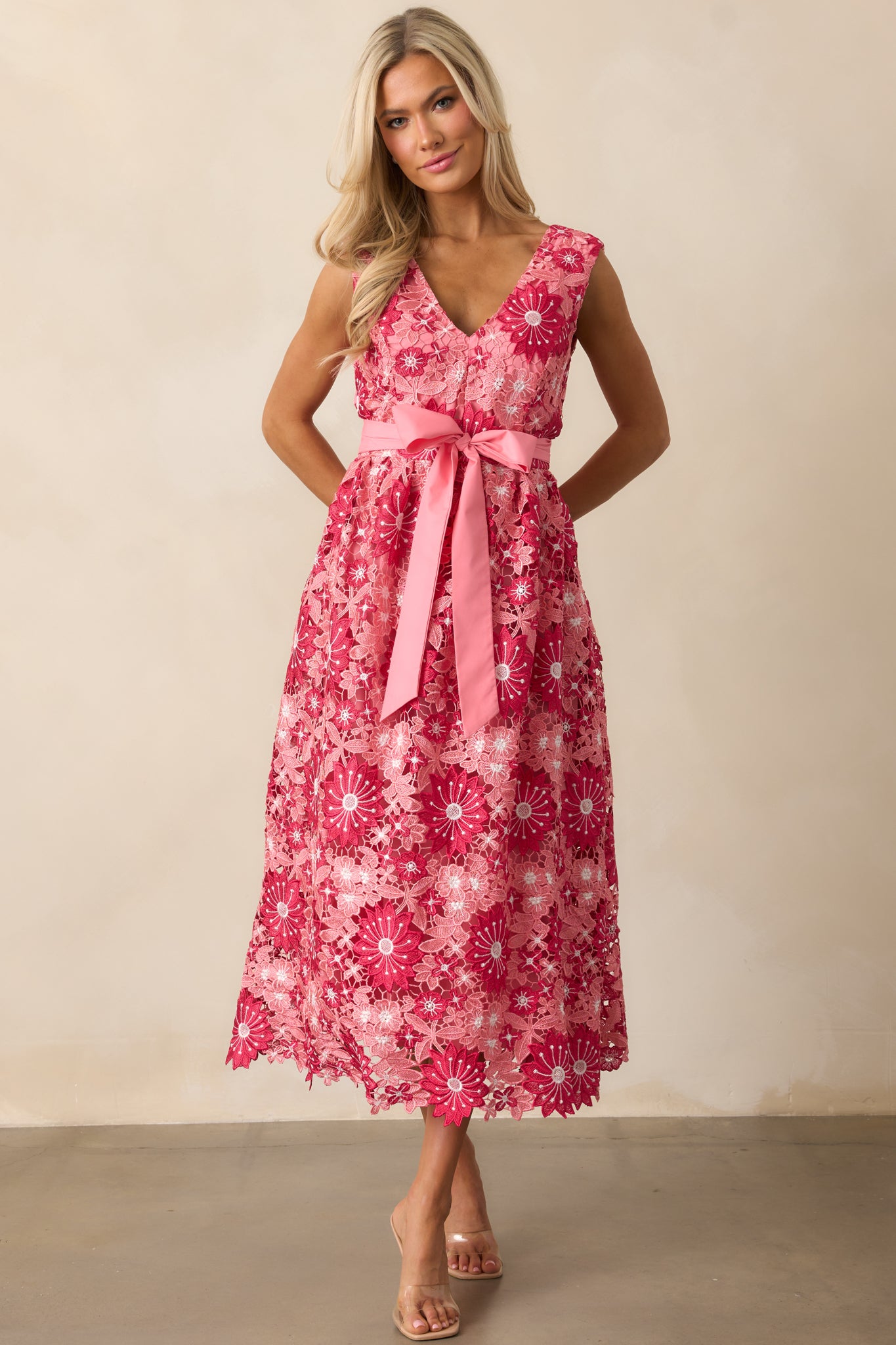 First Dance Pink Floral Embroidered Midi Dress