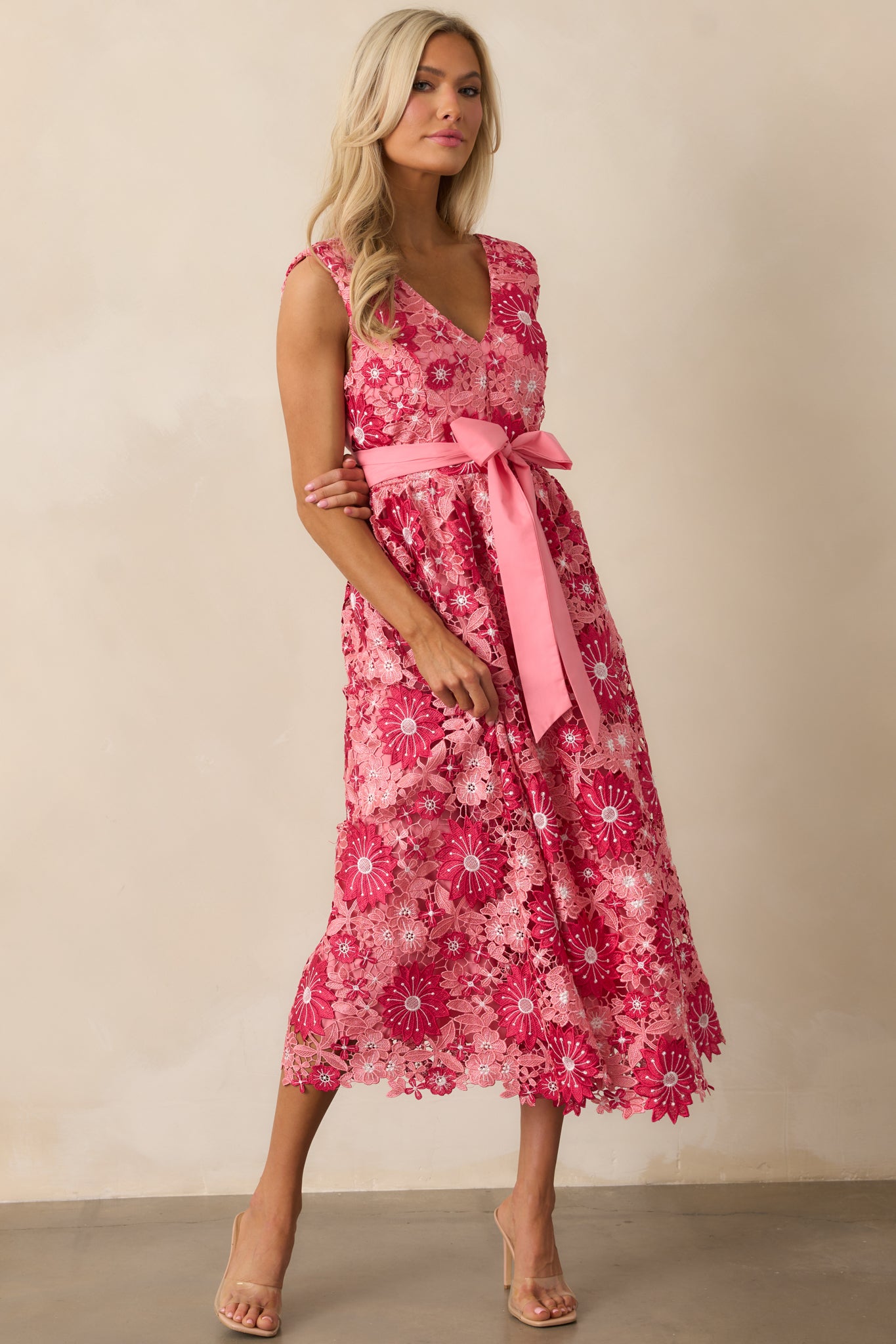 First Dance Pink Floral Embroidered Midi Dress