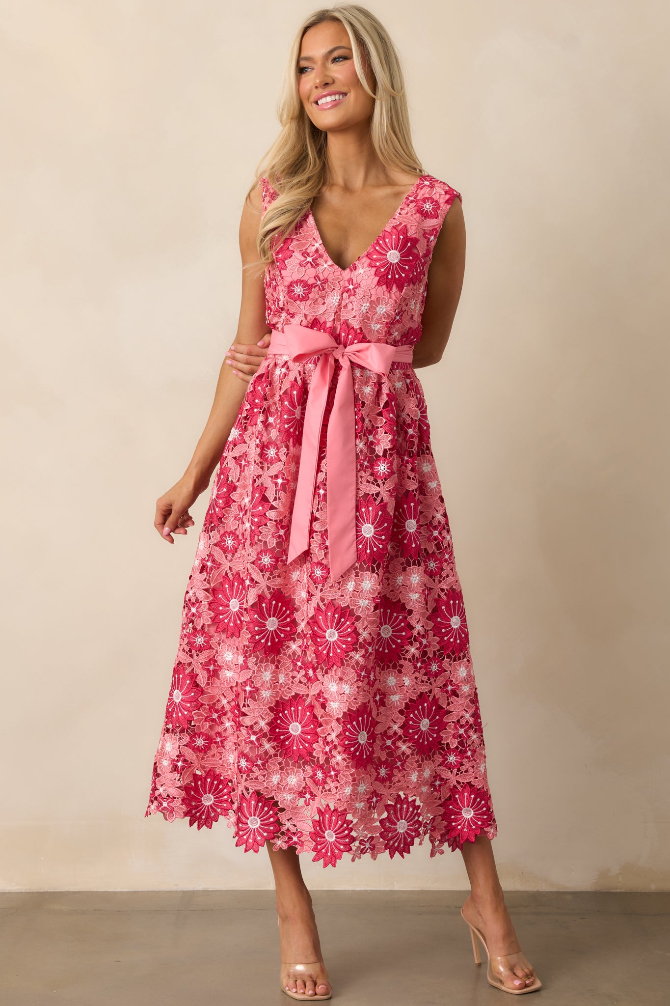 First Dance Pink Floral Embroidered Midi Dress