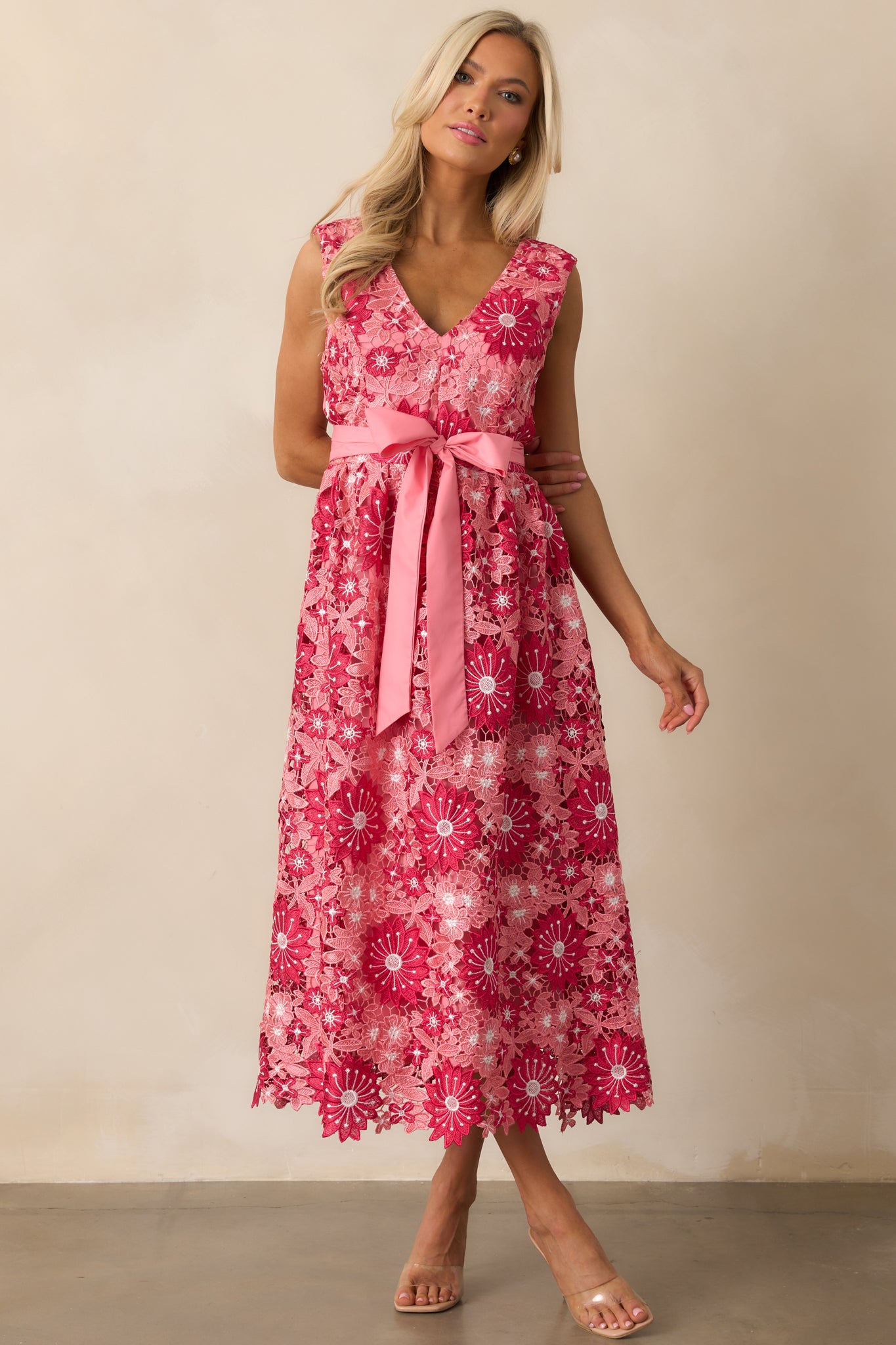 First Dance Pink Floral Embroidered Midi Dress