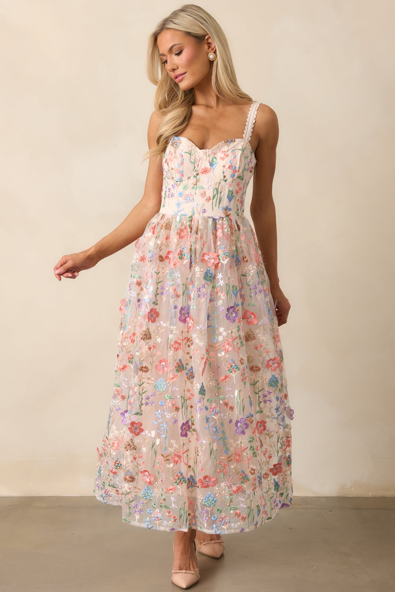 Social Season Rose Pink Floral Embroidered Midi Dress