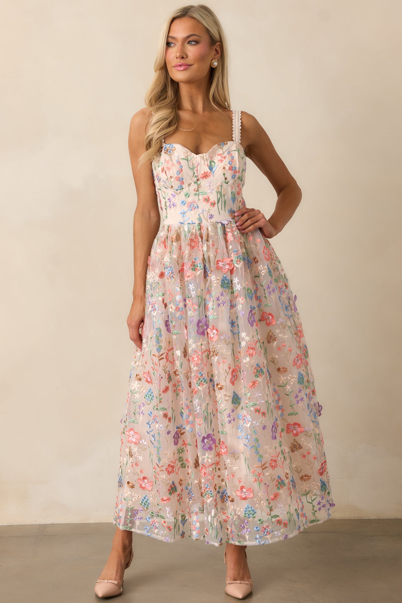 Social Season Rose Pink Floral Embroidered Midi Dress