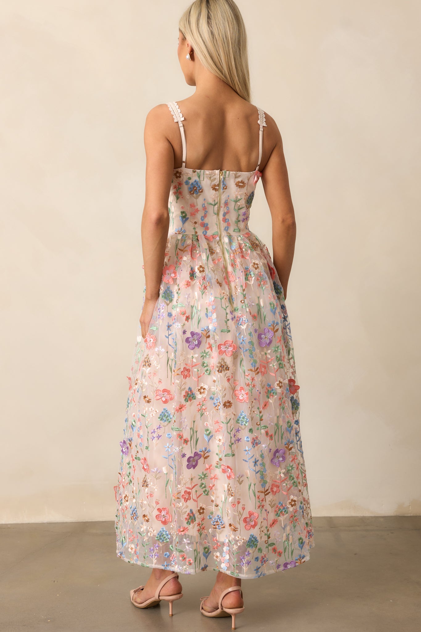 Social Season Rose Pink Floral Embroidered Midi Dress