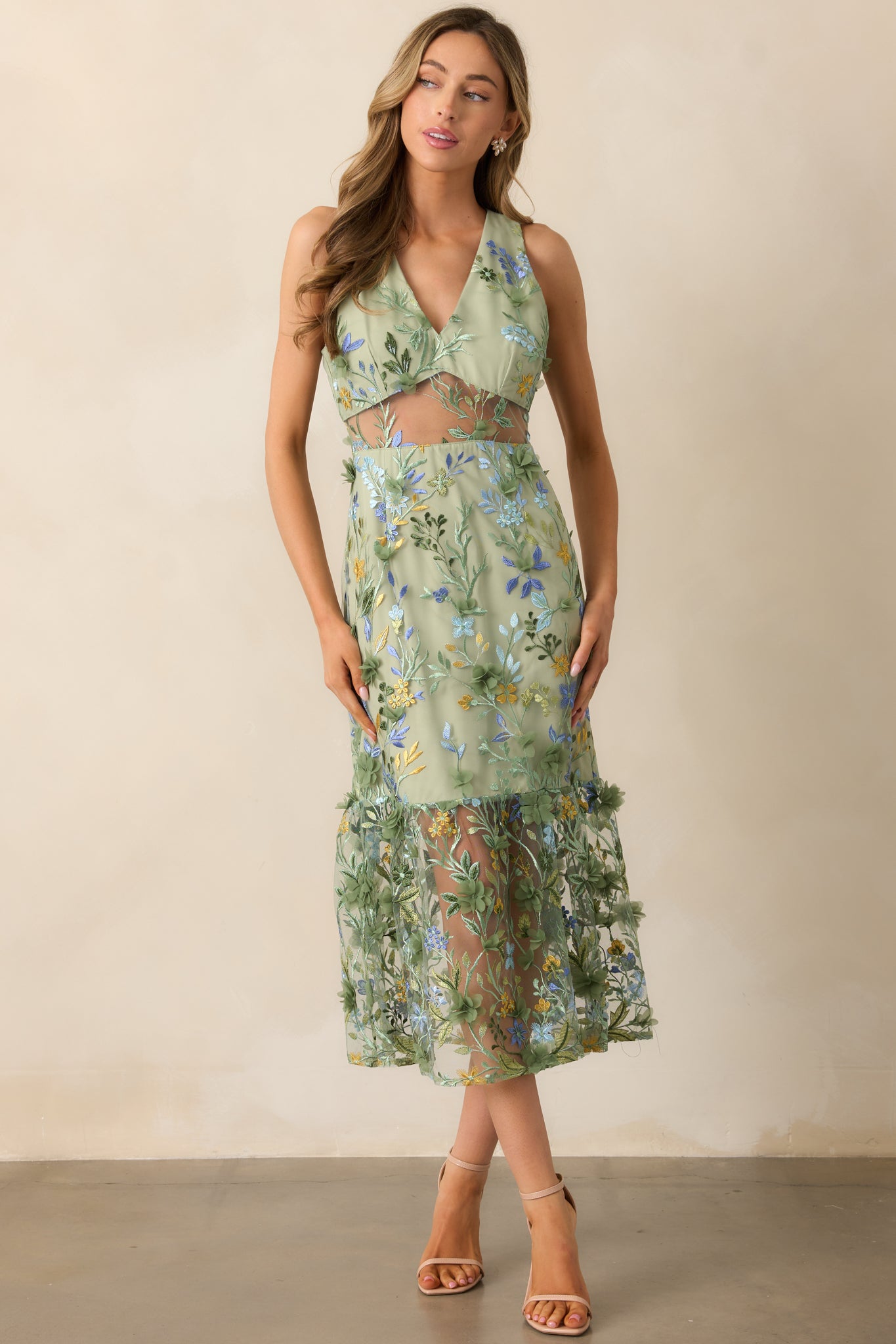 Back In Bloom Green Floral Embroidered Midi Dress