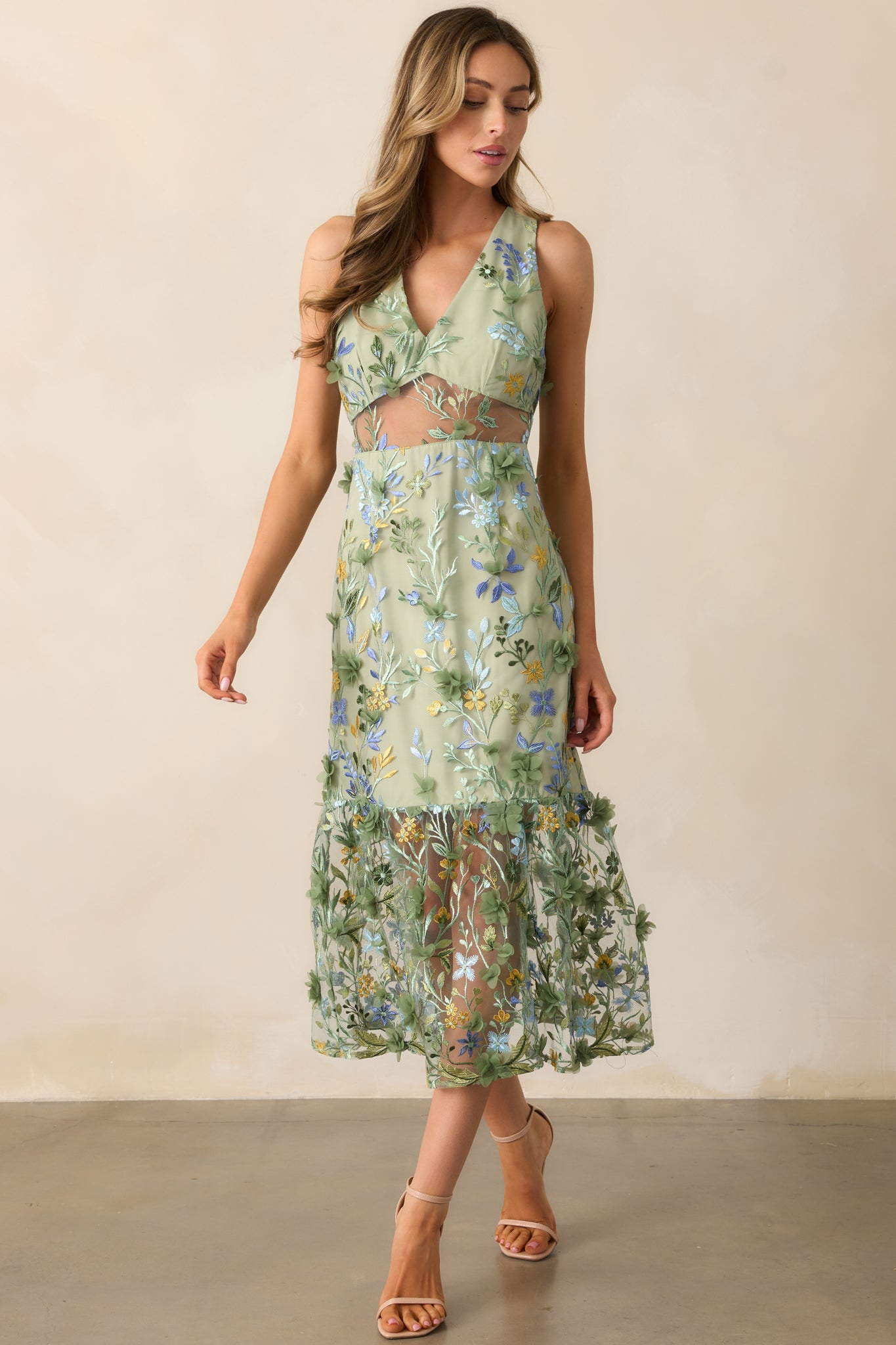 Back In Bloom Green Floral Embroidered Midi Dress