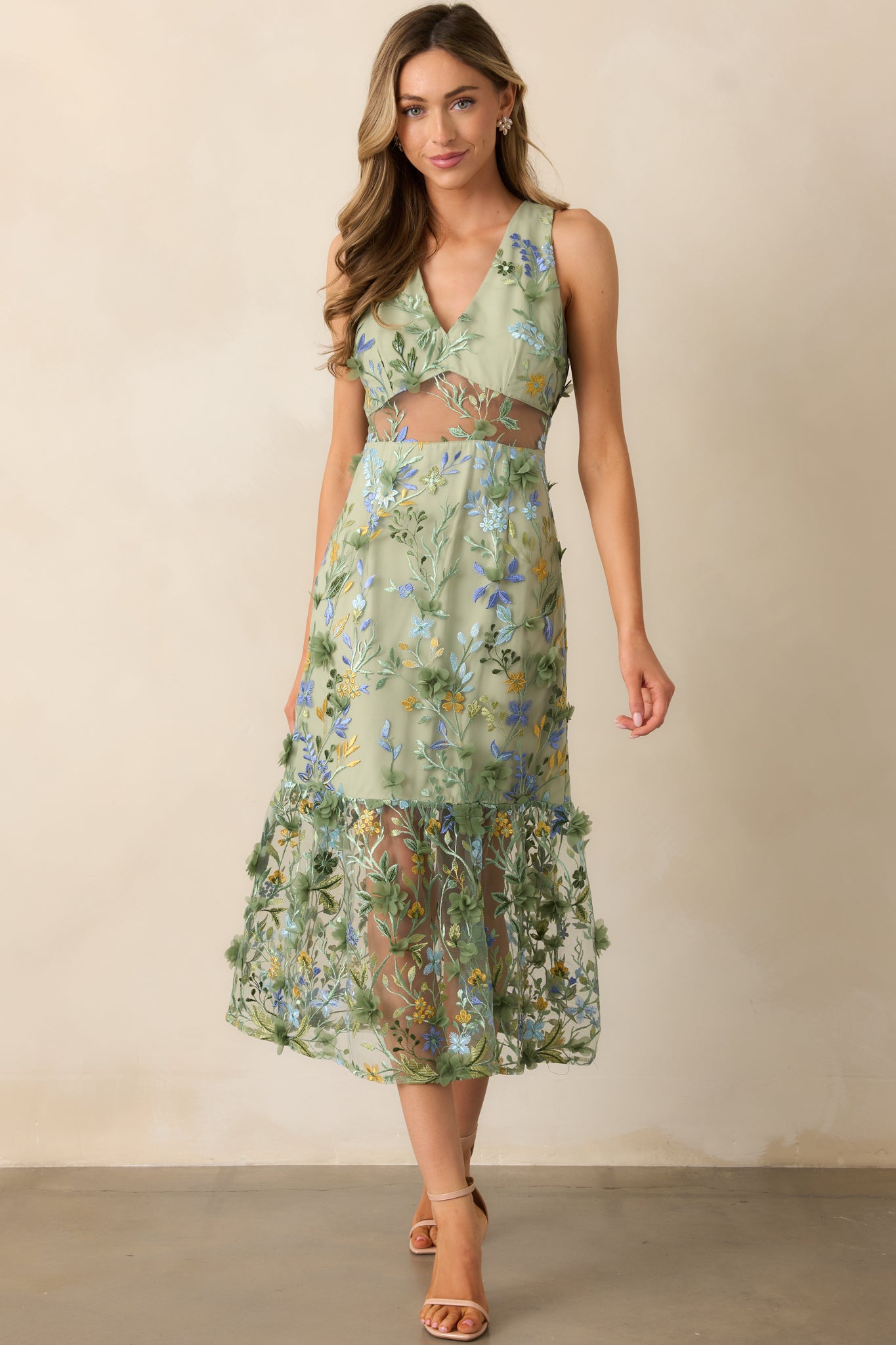 Back In Bloom Green Floral Embroidered Midi Dress