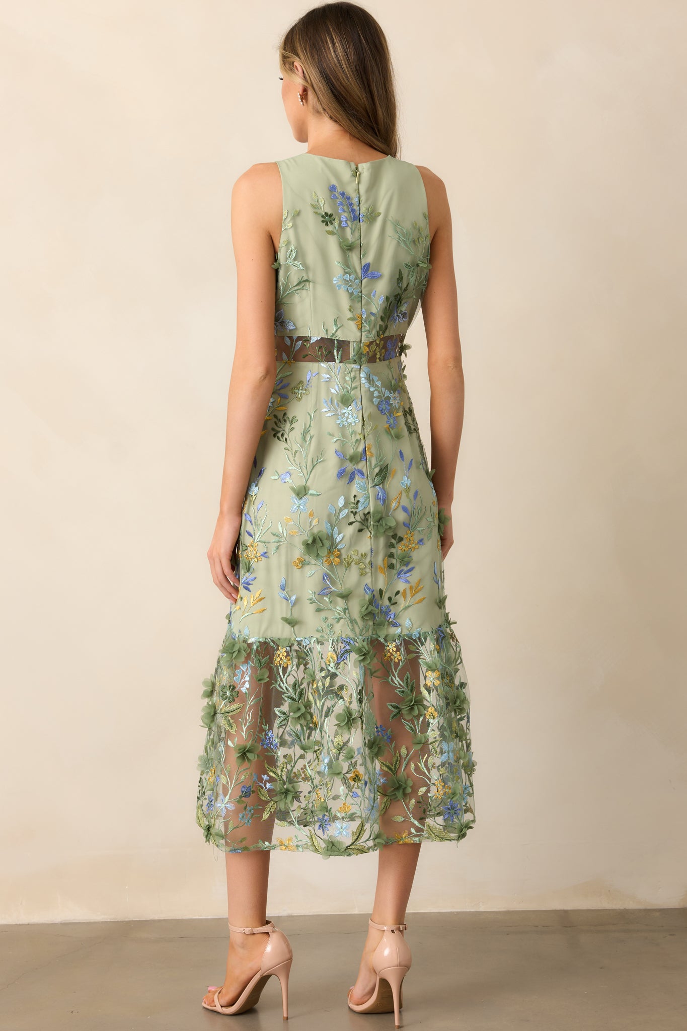 Back In Bloom Green Floral Embroidered Midi Dress