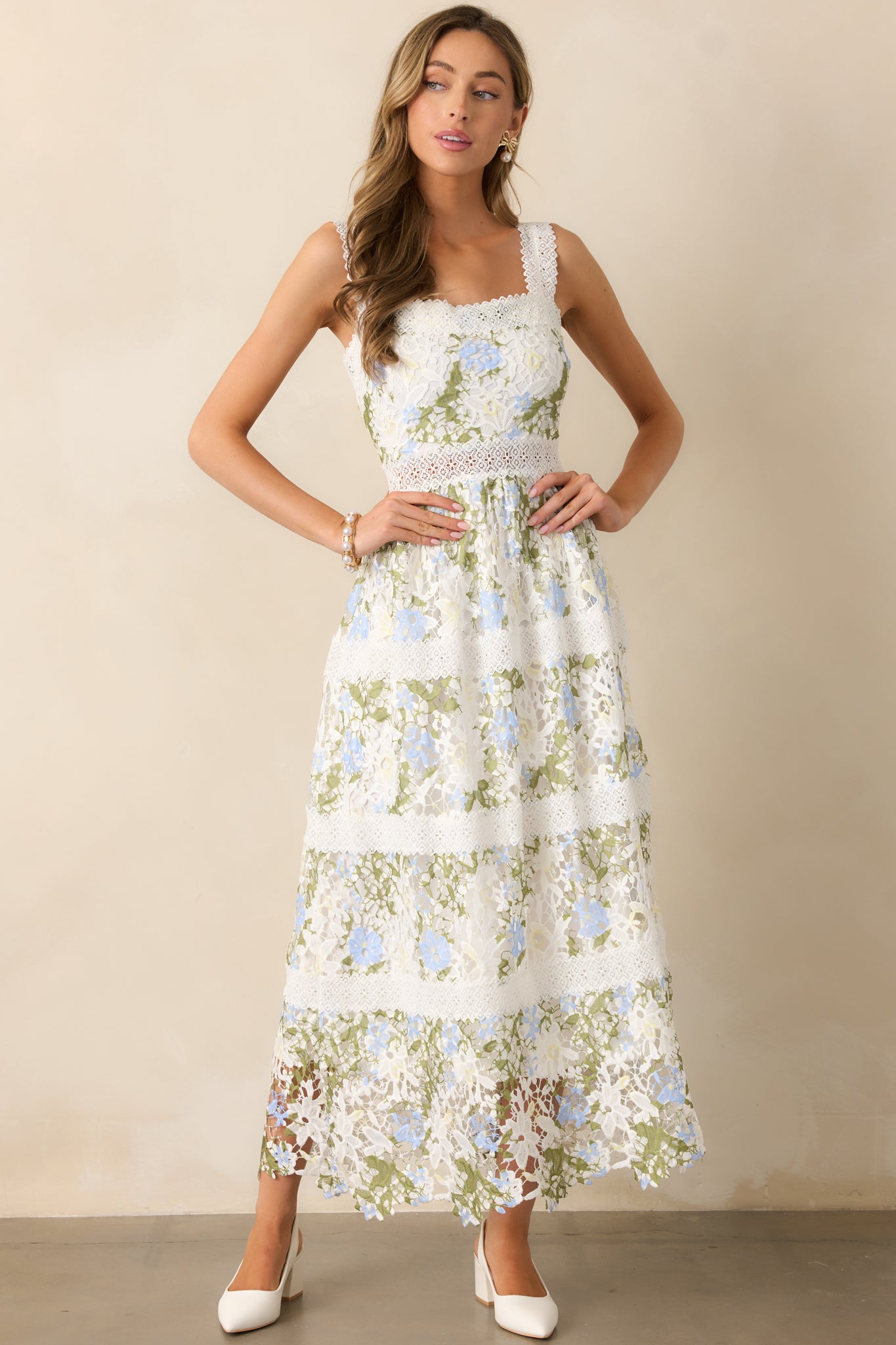 Spring Romance Ivory Floral Embroidered Midi Dress