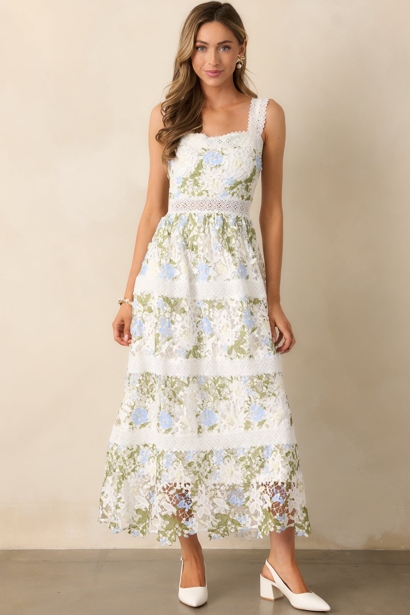 Spring Romance Ivory Floral Embroidered Midi Dress