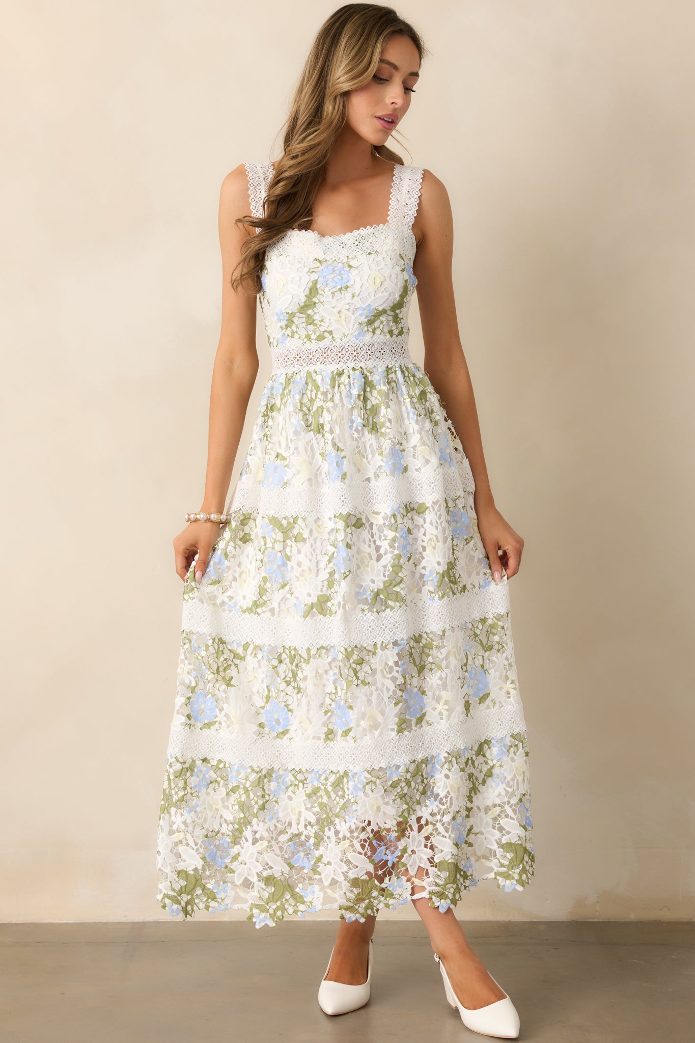 Spring Romance Ivory Floral Embroidered Midi Dress