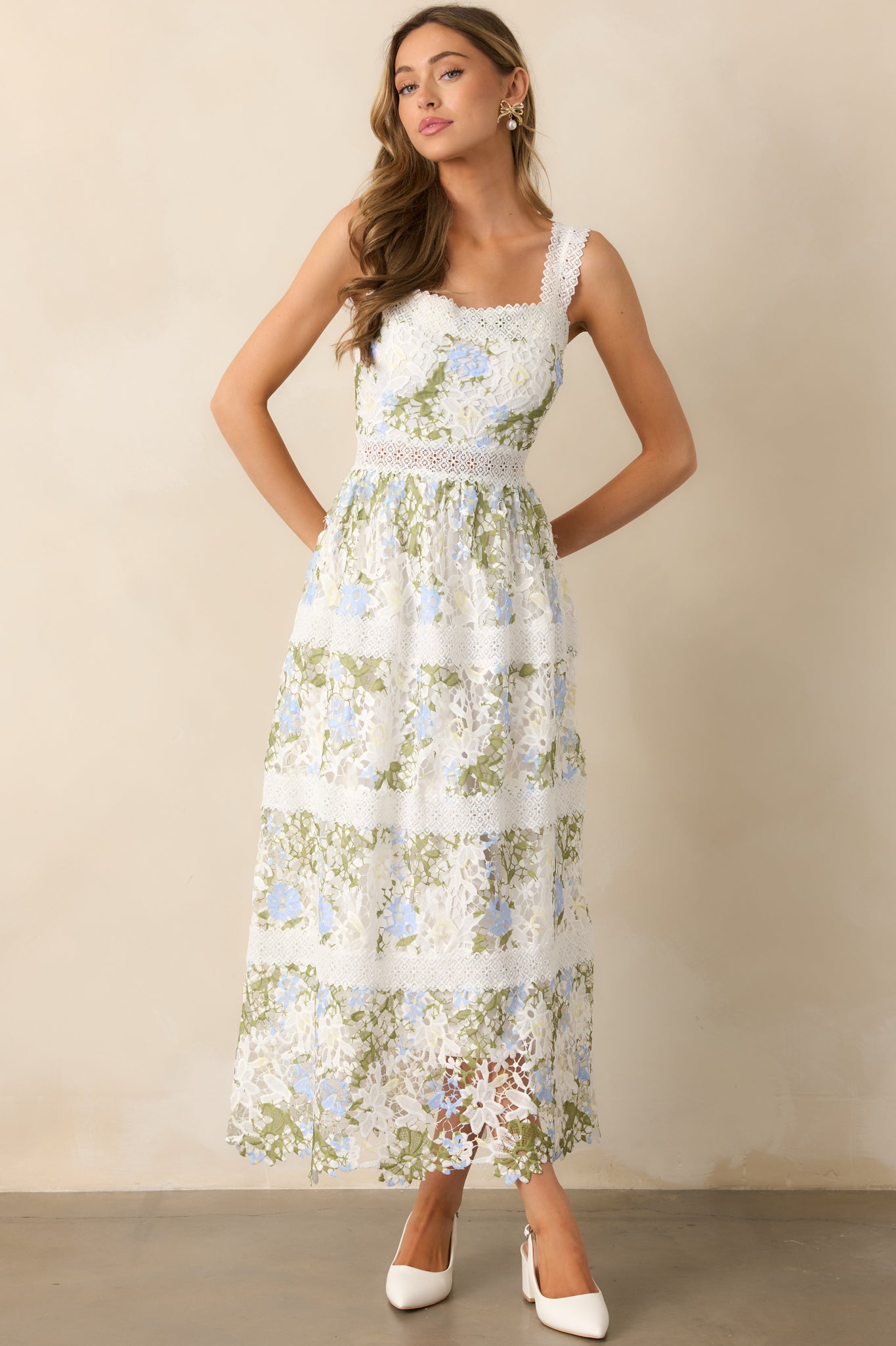 Spring Romance Ivory Floral Embroidered Midi Dress