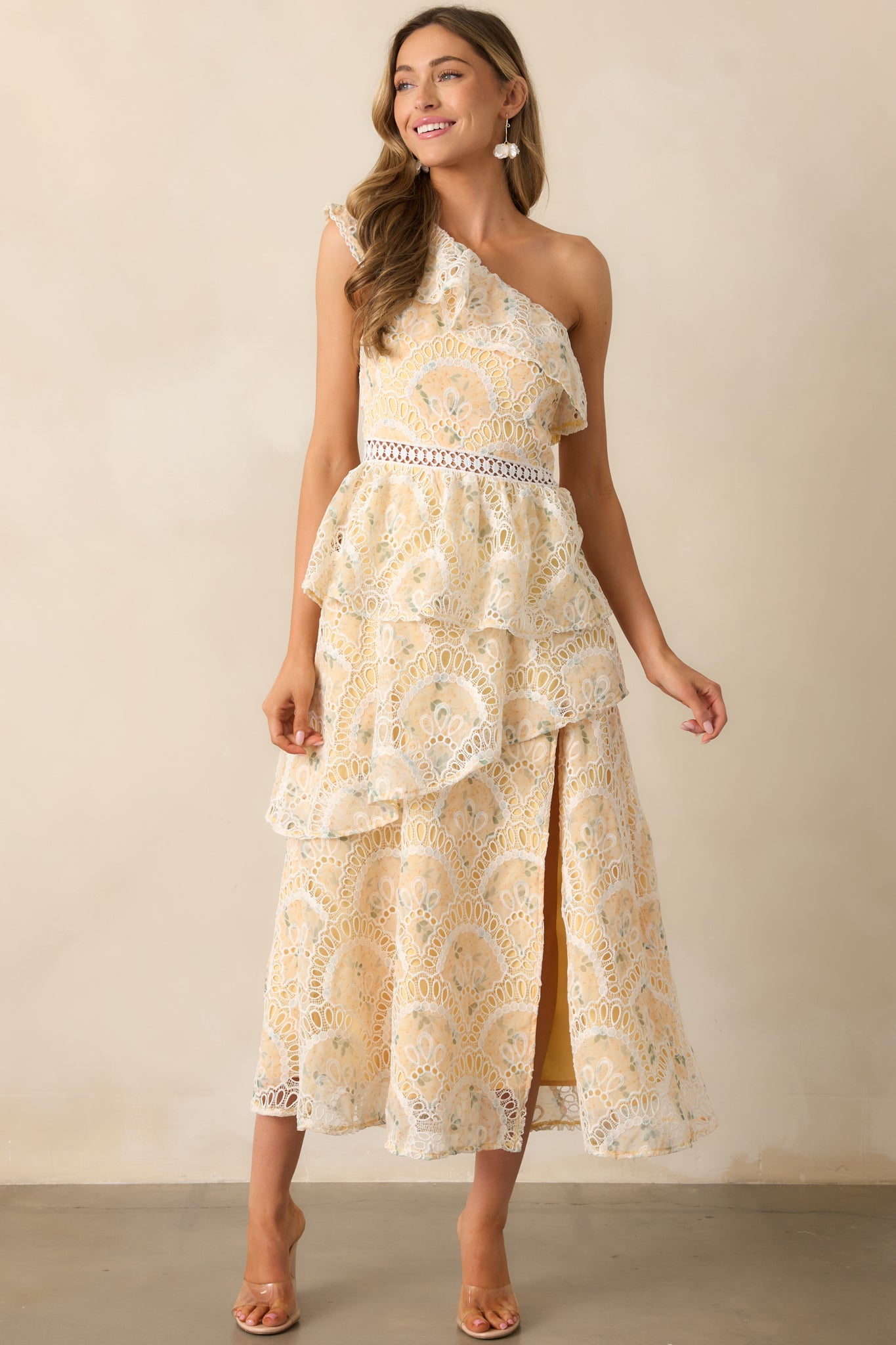 Vineyard Stroll Yellow Floral Embroidered One Shoulder Midi Dress