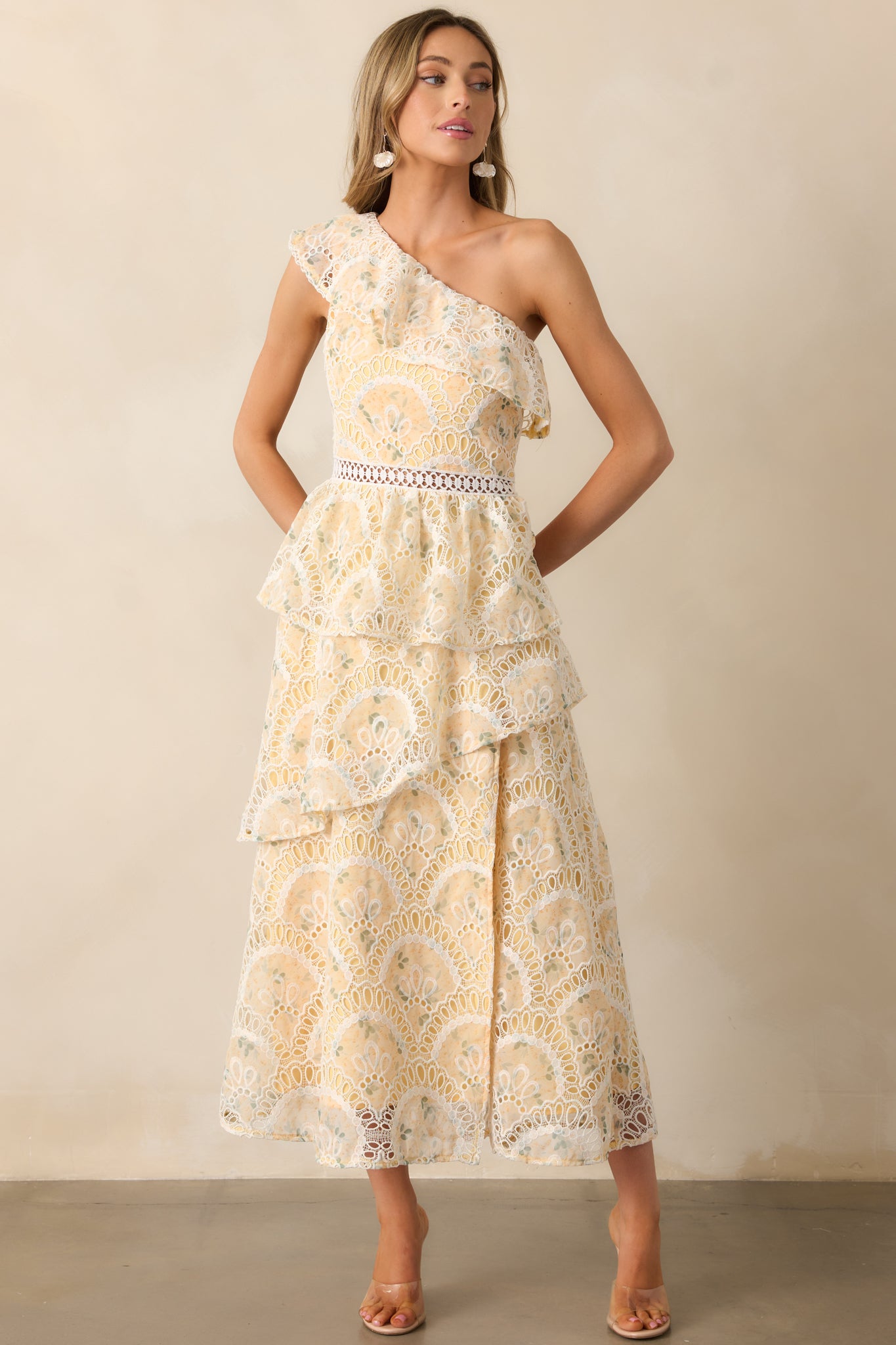 Vineyard Stroll Yellow Floral Embroidered One Shoulder Midi Dress