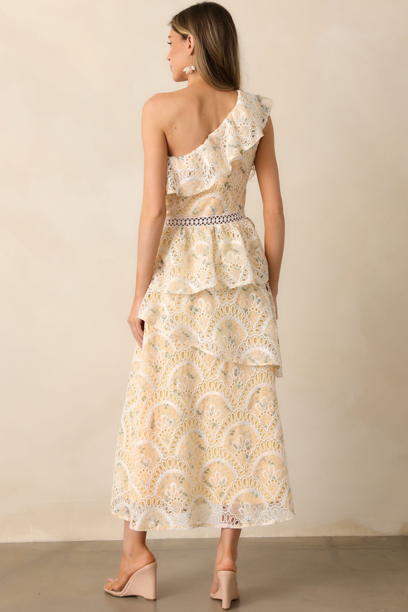 Vineyard Stroll Yellow Floral Embroidered One Shoulder Midi Dress